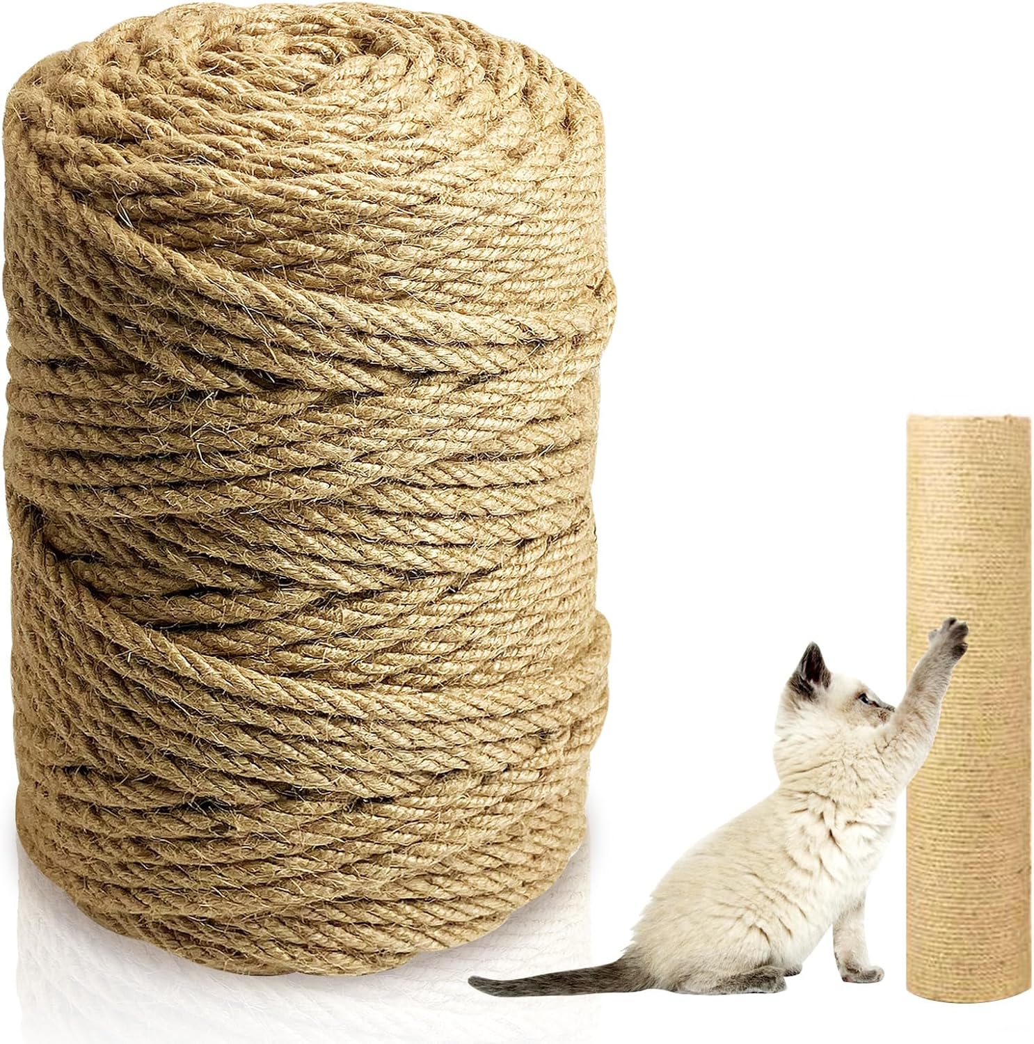 Tfwadmx 328 FT Natural Sisal Rope for Cat Scratcher 1/4" Diameter Natural Hemp Rope for Scratch Posts Replacement Cat Tower Repair