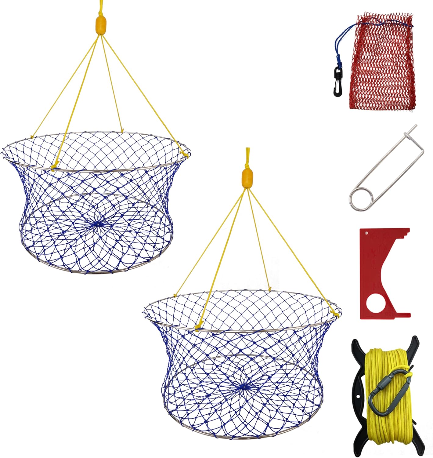 Crab Ring Trap Kit – Heavy-Duty Crab Net with 100ft Rope, Bait Bag, Clip & Ruler – 24” Two-Ring Crab Trap for Dock & Pier Crabbing – Complete Recreational Crabbing Gear