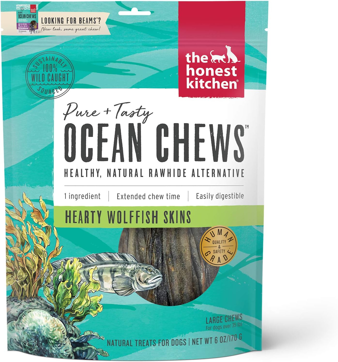 The Honest Kitchen Human Grade Ocean Chews Hearty Wolffish Skins Dog Treats, 6 oz (Beams)