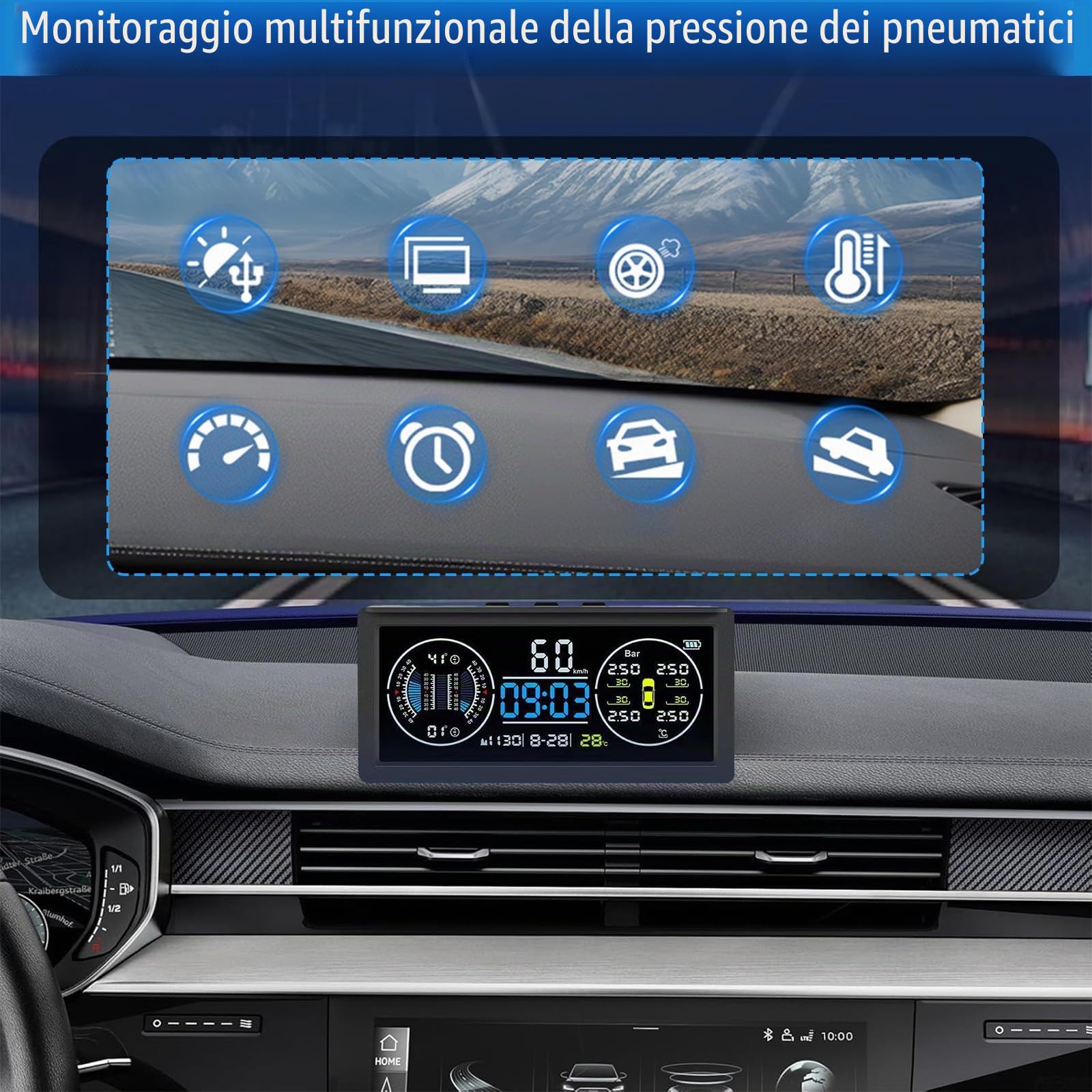 Sistema multifunzionale di monitoraggio della pressione dei pneumatici, TPMS con 4 sensori esterni, ricarica solare, monitor di velocità universale con display LCD a colori, 9,9 BAR/199 PSI