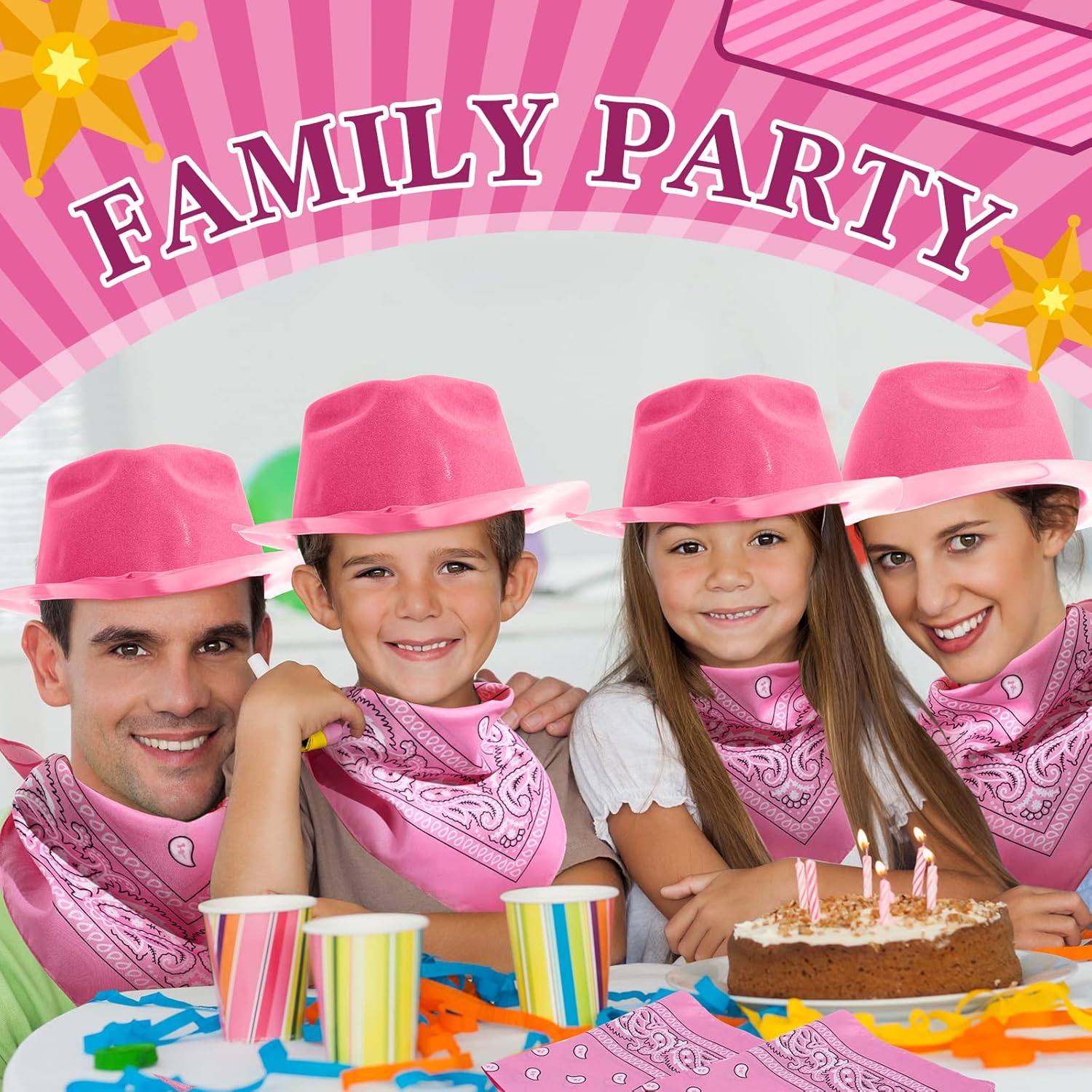 Crowye 48 Pack Western Cowboy Hat and Bandana Set, Pink Felt Cowgirl Themed Party Hats with Paisley Bandanas for Western Costume Party