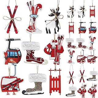 18 Pcs Christmas Ski Ornaments Farmhouse Plush Deer Sled Ski Snow Boots Decor with Ropes Ski Jacket Ski Lift Hanging Rustic Cutous Wooden Hanging Decoration for Christmas Tree Home Decor