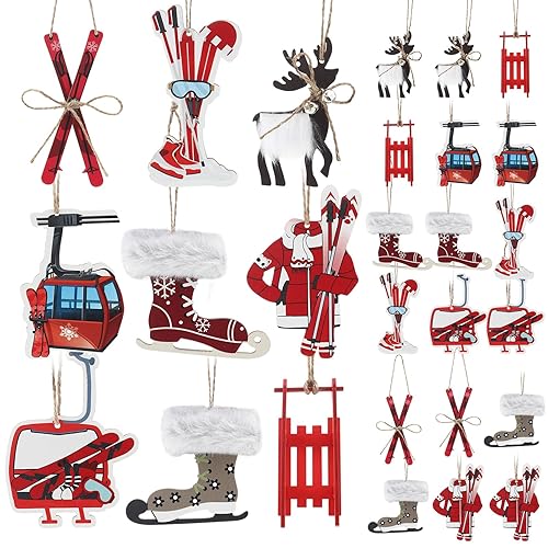 Reallnaive 18 Pcs Christmas Ski Ornaments Farmhouse Plush Deer Sled