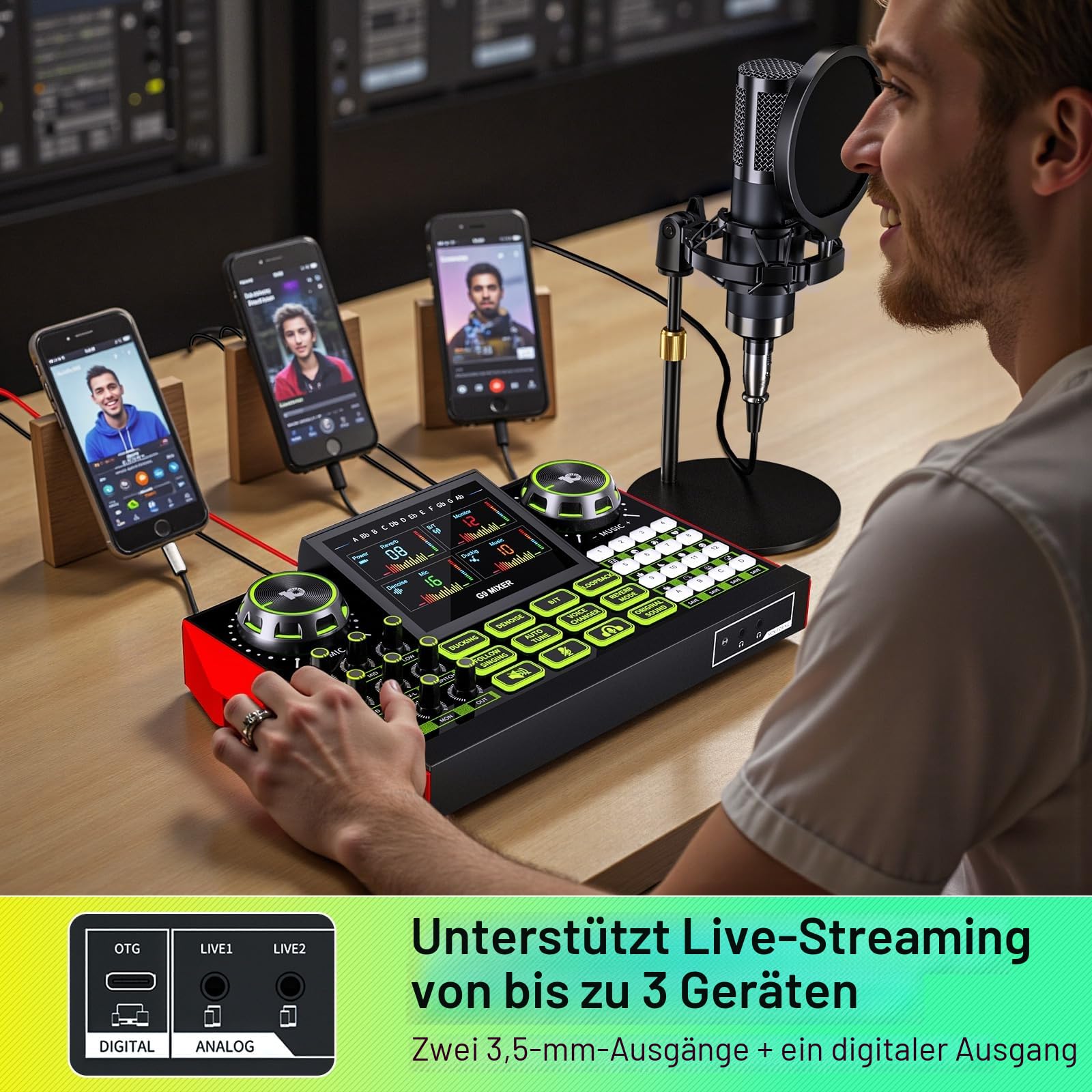 TENLAMP G9 Podcast-Equipment, Audio-Interface mit Soundeffekten, 3,5mm Kondensatormikrofon-Set, Tischstativ, Hall-Regler, Stimmenverzerrer, Rauschunterdrückung, Monitoring, für PC, Handy, Streaming