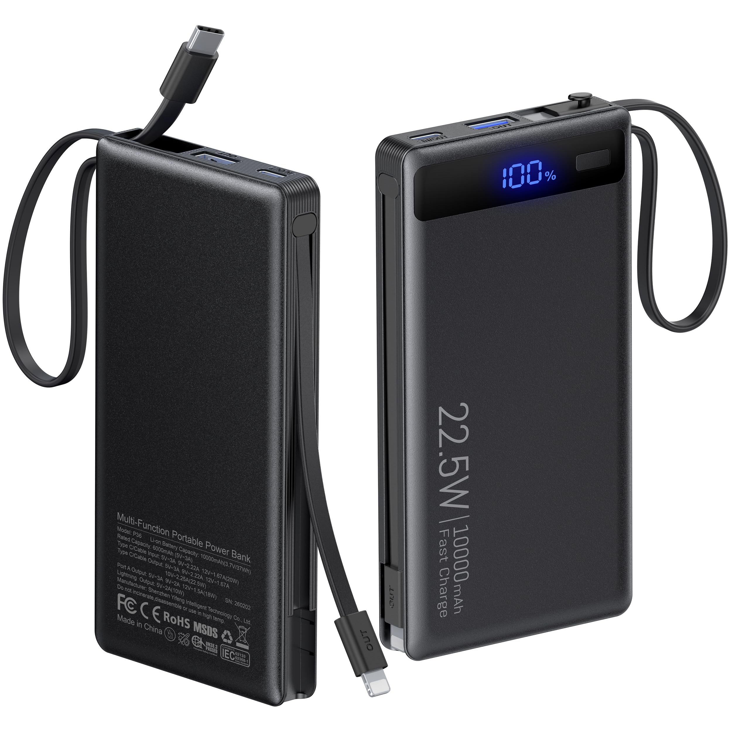 10000mAh Power Bank Built-in 2 Cables,40% Thinner 22.5W PD Portable Charger
