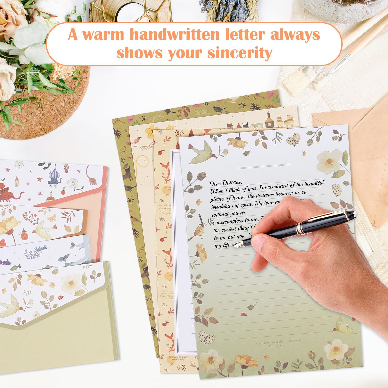 Zestaw papieru listowego z kopertą, 60 arkuszy papieru listowego A5 z 30 kopertami, 10 stylów kwiatowych, bez wycieku atramentu, papier listowy i koperty do materiałów biurowych, zaproszeń, kartki z