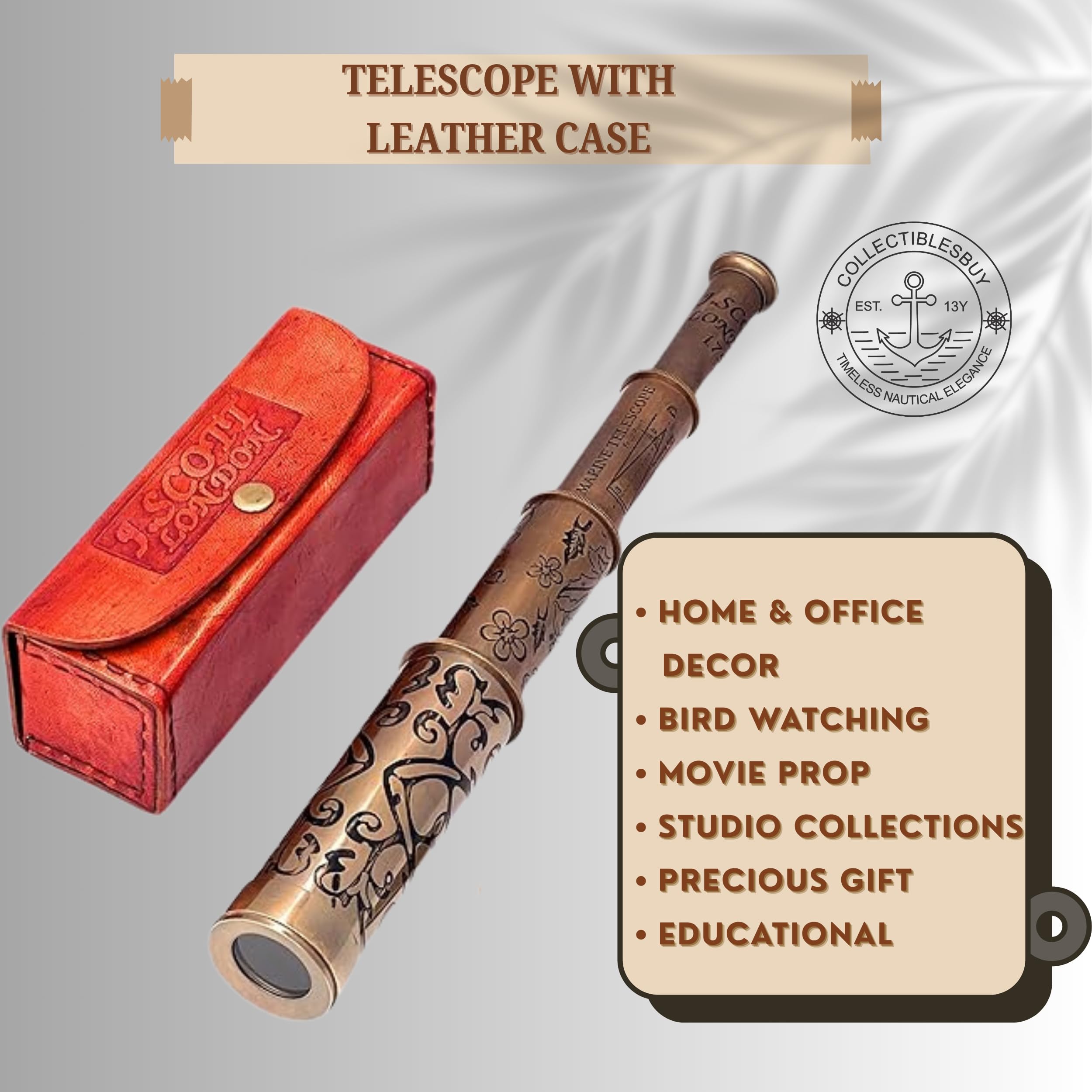 Telescopio de mano de latón retro hecho a mano con caja de cuero, accesorio de película de cristal espía pirata vintage para oficina, decoración de mesa y coleccionistas | Alcance náutico de estilo 3