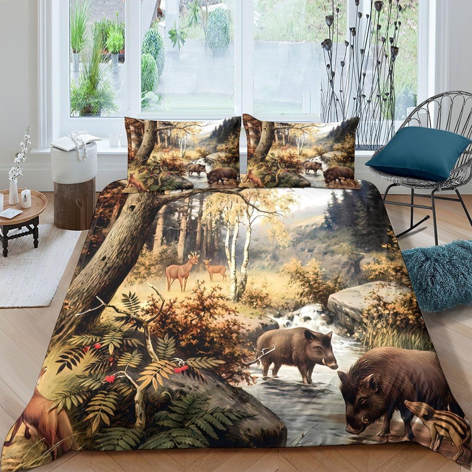 Ctjqhvkz Style-4 3D Printed Forest Wildlife Fitted Sheet Microfiber Soft Boar River Bed Cover For Bedroom Guest Room Decor Single（135X200cm）