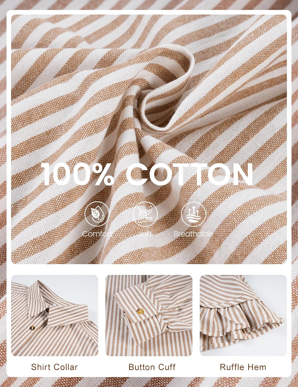 PEHMEA Women's Striped Button Down Shirt, 3/4 Sleeves Loose Fit Collared Blouse with Ruffle Casual Oversized Top - Image 5