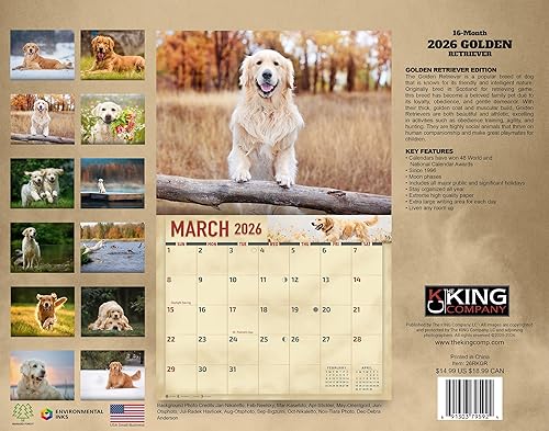Miniatura 2 de The KING Company-Monster Calendars - Calendario de pared 2026 de 16 meses, tamaño XL, 14 x 22 pulgadas, calendario de perro retriever