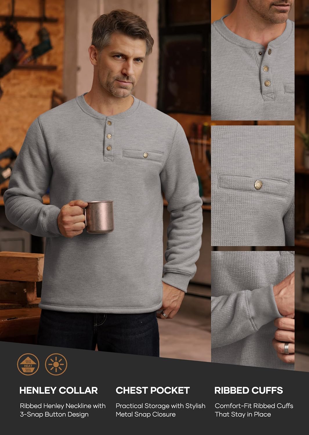 Mens Waffle Sherpa-Lined Henley Shirts Long Sleeve Thermal Pullover Casual Winter Workwear (S-XXL) - Image 6