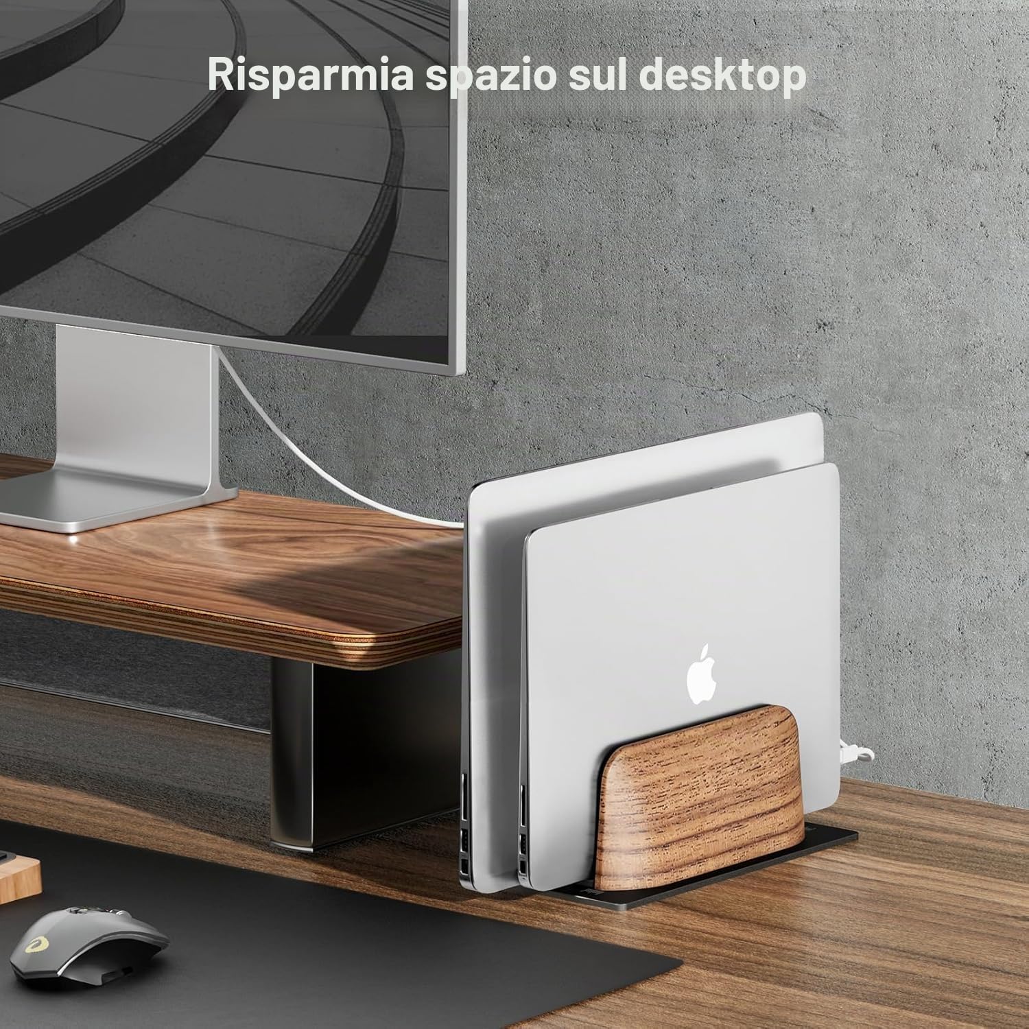 Supporto verticale pc portatile, laptop stand in legno di noce a doppio fessura per scrivania, porta regolabile in larghezza per MacBook e altri laptop
