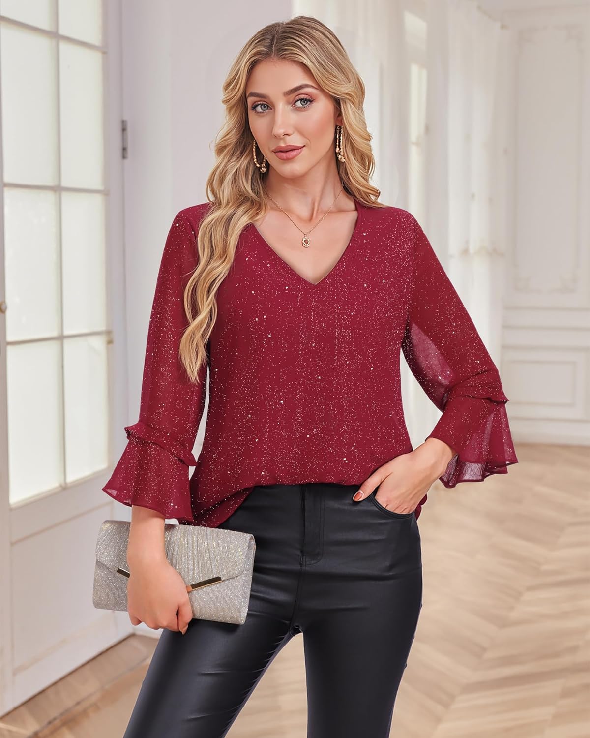 Bebonnie Womens Dressy Casual Tops Ruffle 3/4 Sleeve V Neck Floral Chiffon Blouses - Image 4