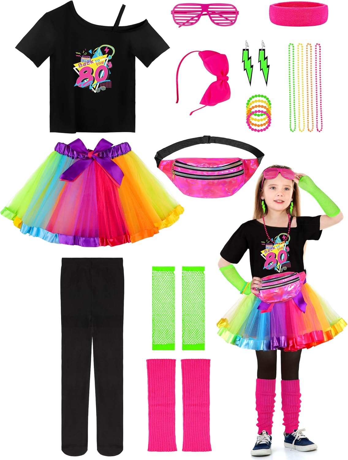 AOTHSO 18 Pieces 80s Outfit for Kids Girls 80s Costume Accessories Set Halloween Cosplay 1980s Party
