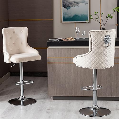 Miniatura 2 de Juego de 2 taburetes de bar, taburetes de bar giratorios de terciopelo ajustable en altura de mostrador con reposapiés, acolchado suave tapizado con