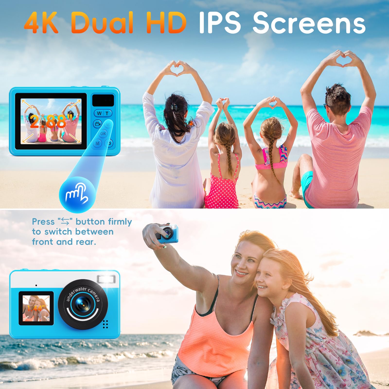 Digitalkamera, 10FT Unterwasserkamera mit 32GB, 2.8'' Dual-Kamera Wasserdichtes Tragbares Kompaktkamera, 18X Digitalzoom für Kinder Teenager Anfänger Erwachsene