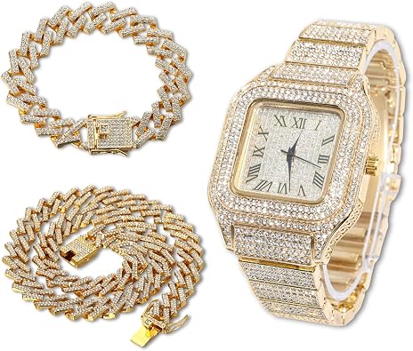 Diamond Watch for Men Guys - Square Dial - Iced Out 20MM Wide Wristband 18k Real Gold/White Gold Platinum Plated, with Cuban Link Chain Set Optional, Gift for Boyfriend Husband