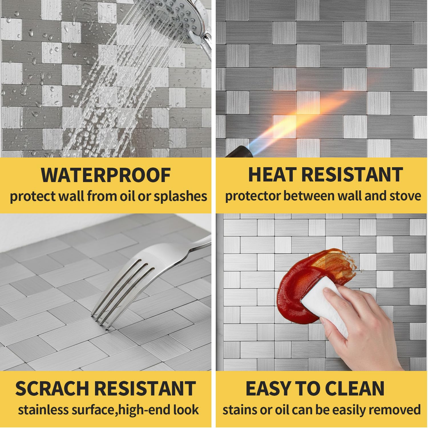 Yipscazo 20 hojas de acero inoxidable para despegar y pegar para cocina, azulejos inteligentes de metal de 12 x 12 pulgadas para paredes de baño y lavandería