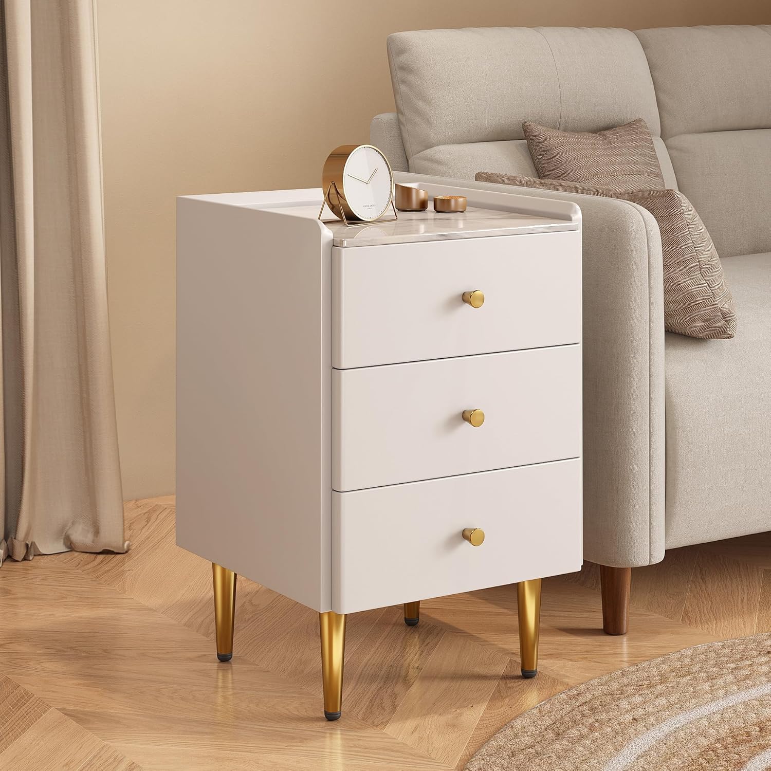 Solid Wood Nightstand 15.7" with 3 Drawer White and Gold Night Stand Curved Edge Bedside Table Modern Minimalist End Table for Bedroom, Vanity, Dorm White 15.7"D x 15.7"W x 24.5"H