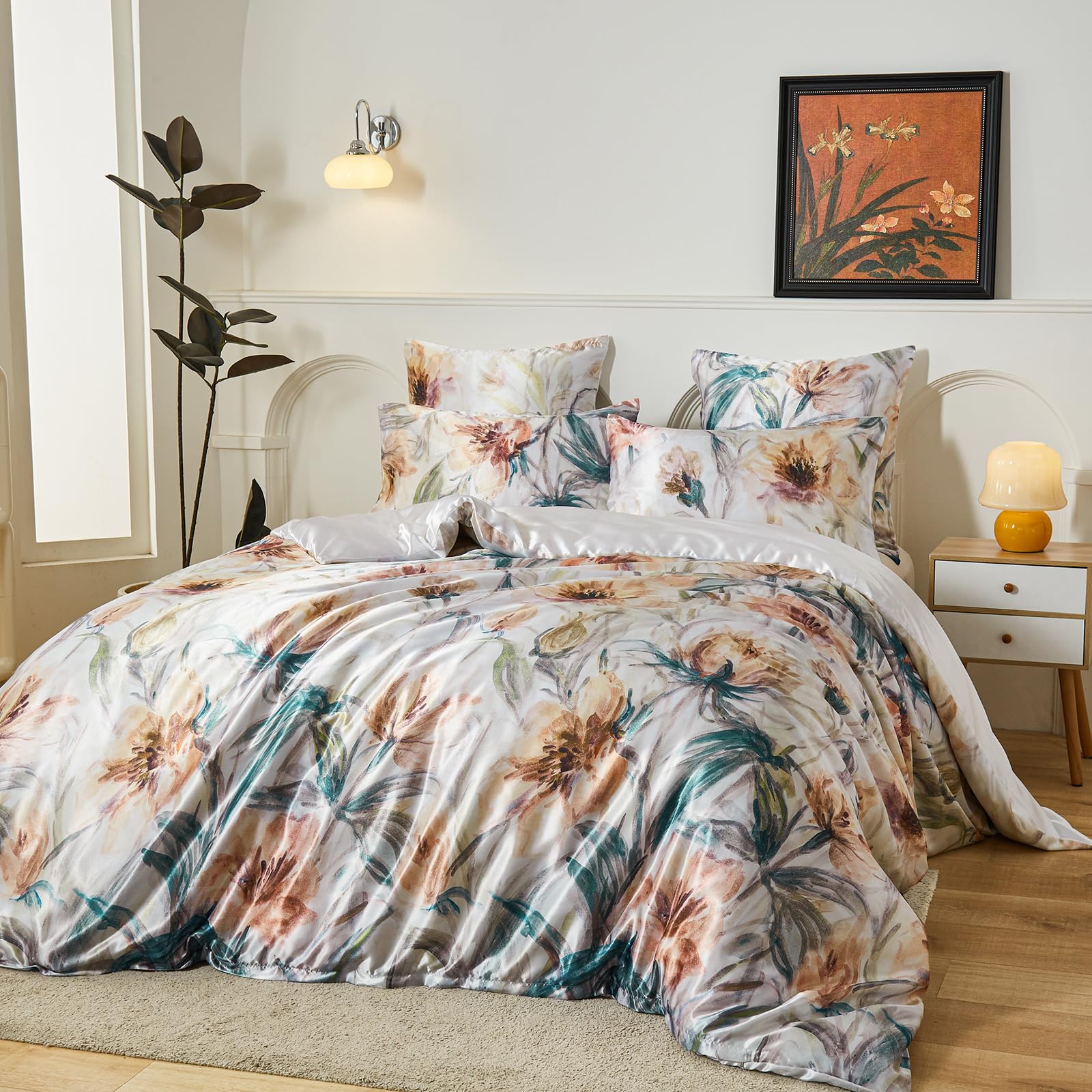 DuShow Satin Floral Duvet Cover Set,3 Pieces King Silky Bedding Set, Luxury Soft Duvet Cover with 2 Pillowcases-230 X 220 cm - Image 2