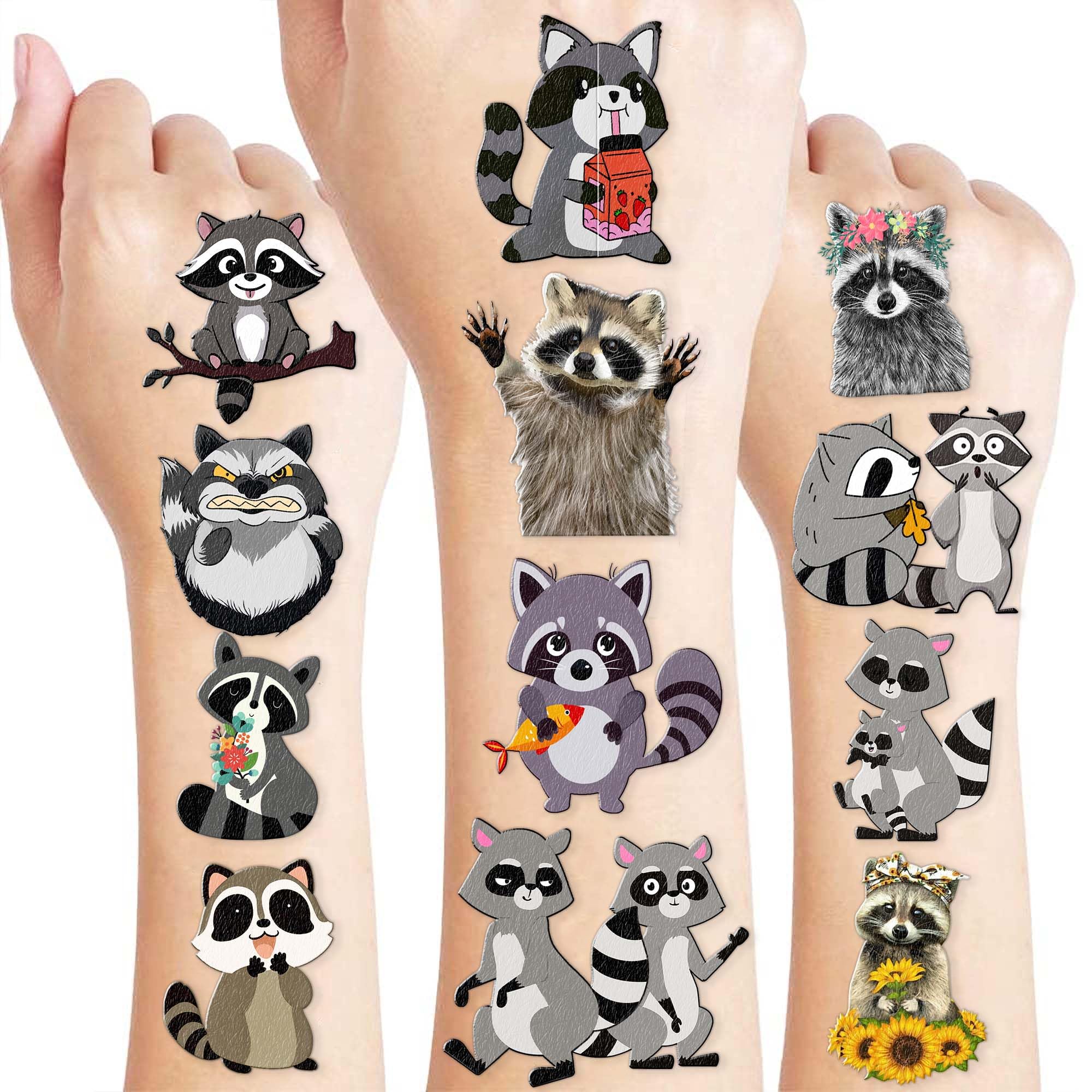 96PCS Cute Funny Raccoon Pre-Cut Temporary Tattoos Themed Birthday Party Decorations Supplies Favors Decor Woodland Wildlife Animals Tattoo Stickers