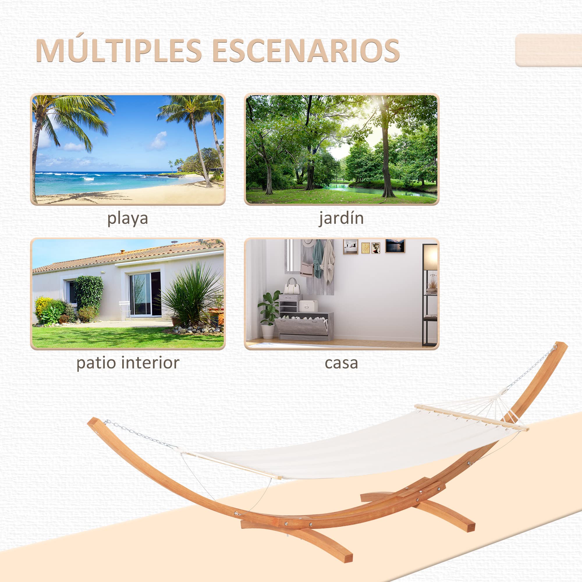 Outsunny Hamaca con Soporte de Madera Hamaca de Jardín Colgante con Marco y Tumbona de Algodón 200x120 cm para Terraza Balcón Carga 150 kg 392x120x102 cm Blanco y Natural