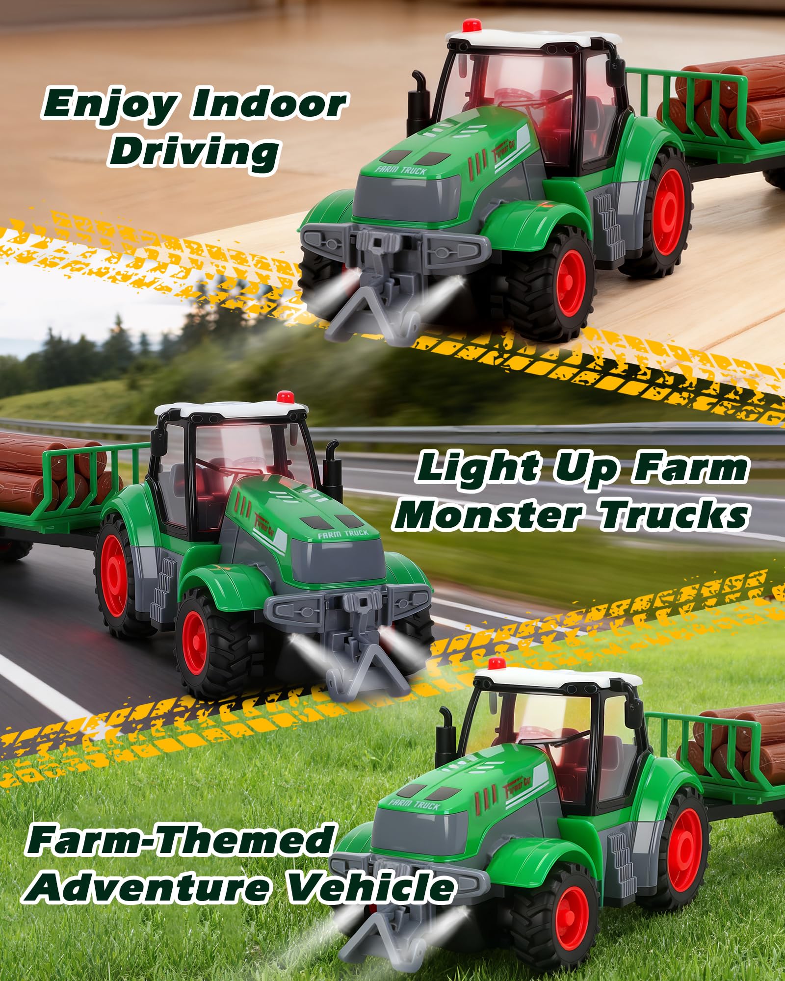 Juguetes de tractor a control remoto, camión a control remoto a escala 1/24 con troncos de madera realistas, remolque desmontable y luz, juguetes de vehículos agrícolas recargables para 3