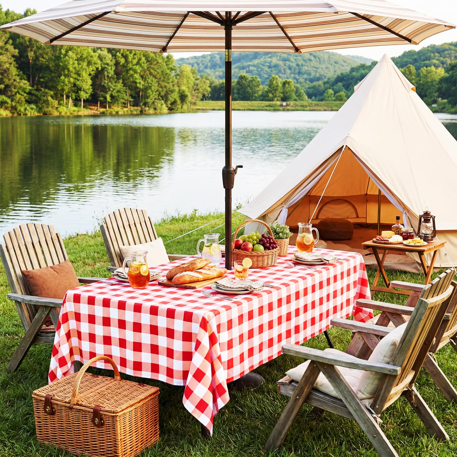 Tovaglia a quadretti rossi per esterni, tovaglia a scacchi rossi e bianchi con foro per ombrellone, 178 x 132 cm, rettangolare, a prova di perdite, per patio, piscina, riunioni all'aperto