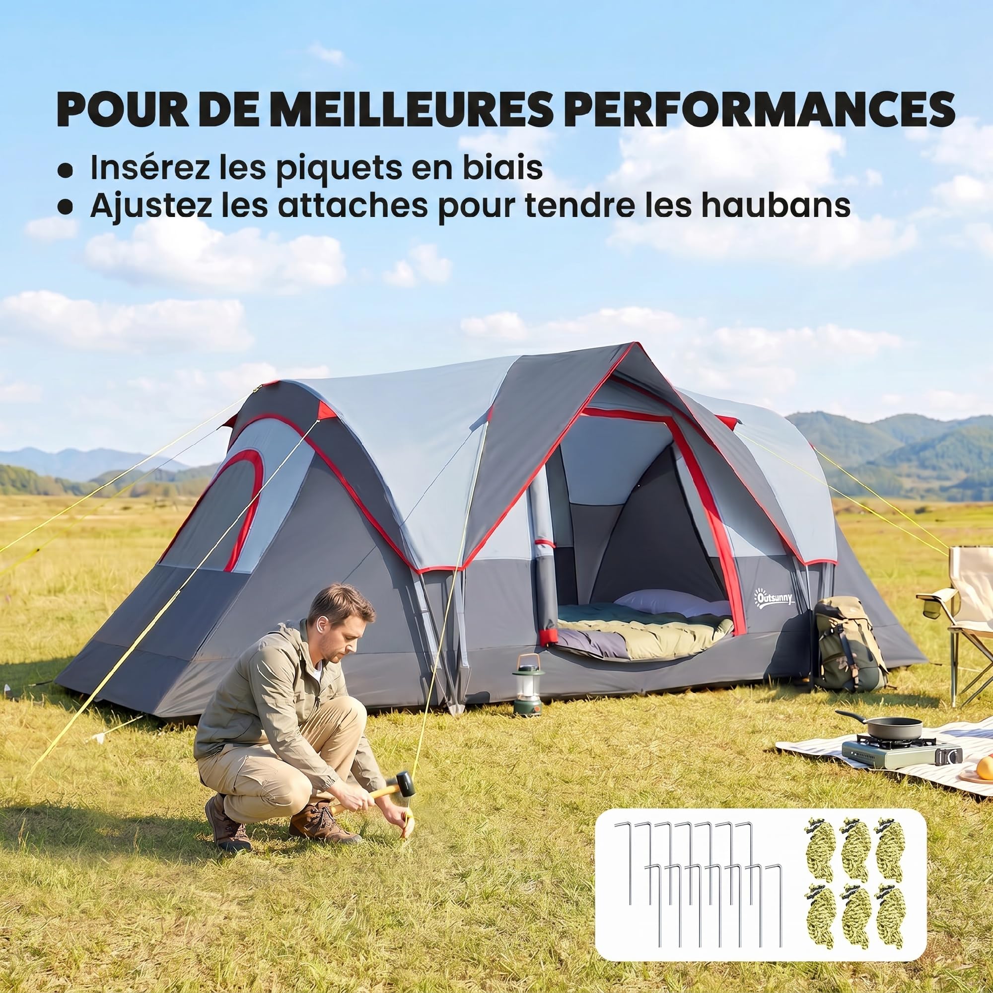 Outsunny Tente de Camping familiale 5 pers. - Tente tunelle ventilée Facile à Monter - Grande Porte + 2 fenêtres - 4,55L x 2,2l x 1,8H m Fibre Verre Polyester Oxford