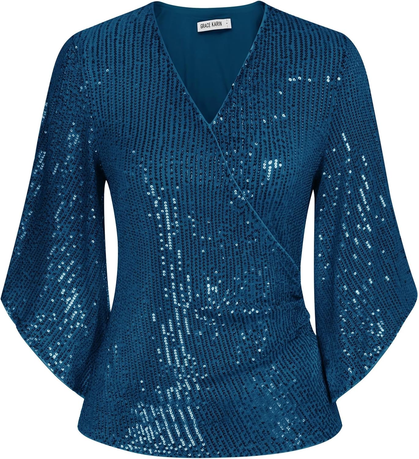 GRACE KARIN Womens Sparkly Sequin Tops,3/4 Sleeve Glitter Party Dressy Blouse,V-Neck Disco Evening Club Concert Shirt