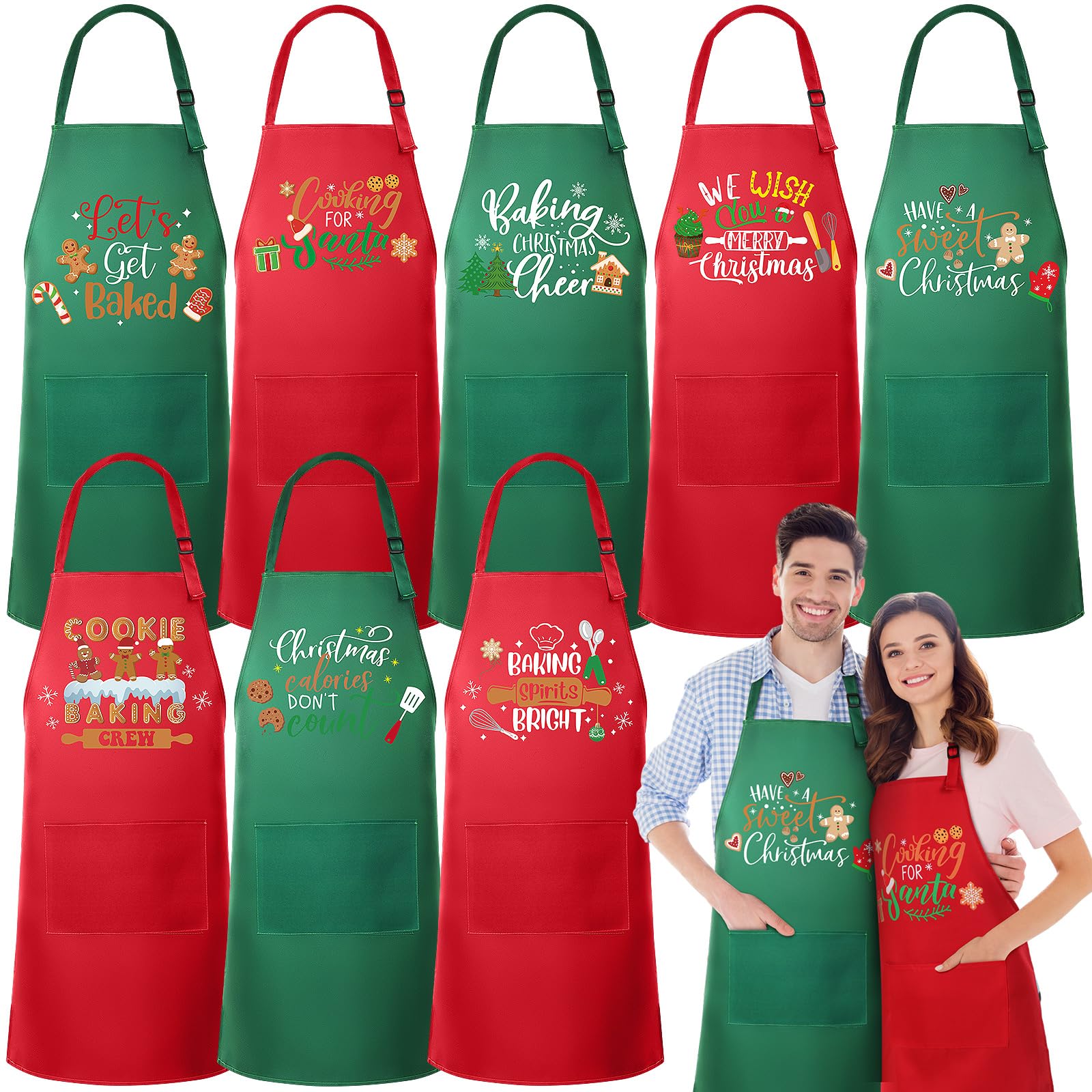 8 delantales de Navidad a juego con bolsillo, delantal de cocina de Navidad, delantales de cocina, delantales divertidos para galletas, regalo para familia, esposa, marido, pareja, Verde,