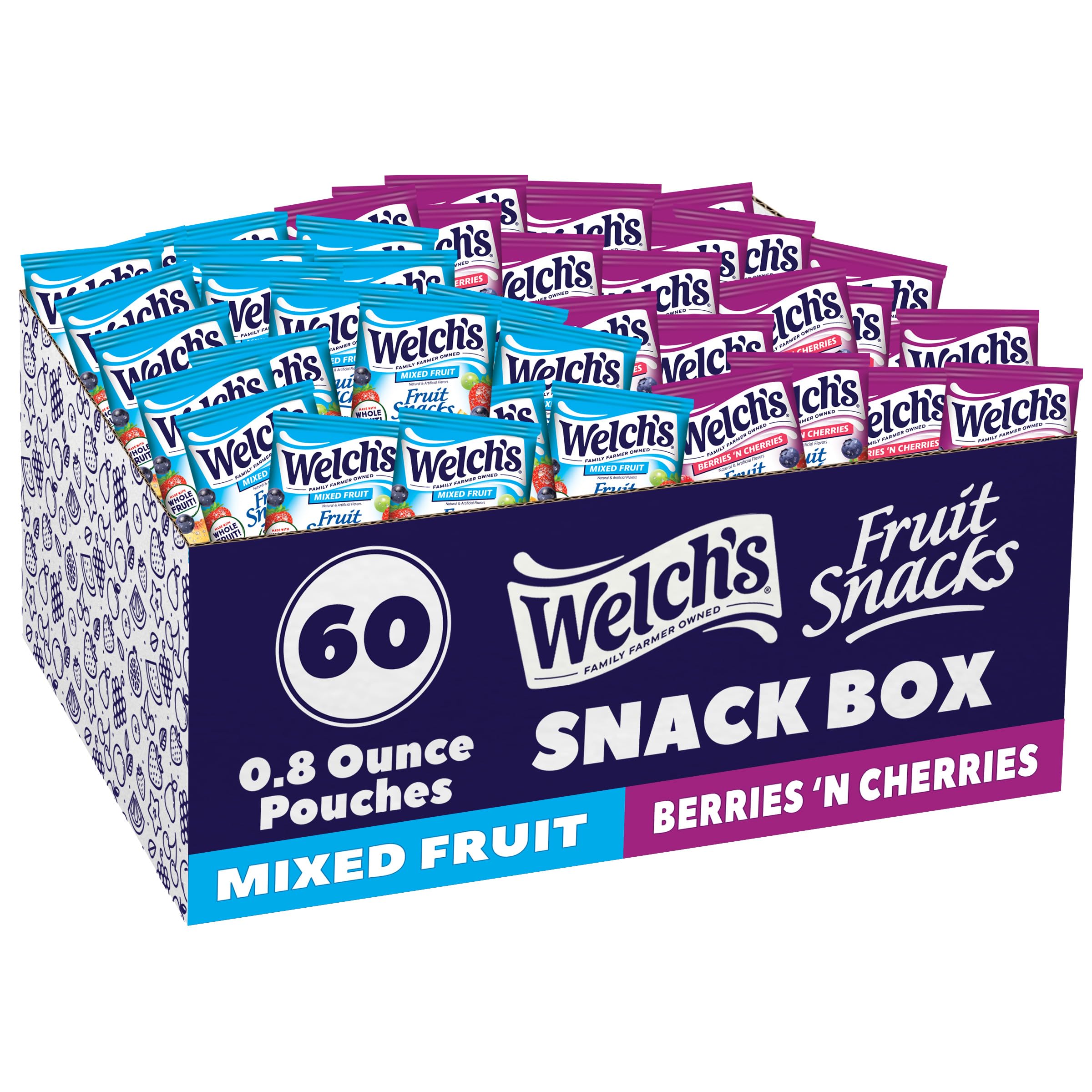 Welch's Fruit Snacks, Mixed Fruit & Berries 'N Cherries Variety Pack, Great for School Lunches, Bulk Pack, Individual Single Serve Bags, 0.8 oz (Pack of 60)