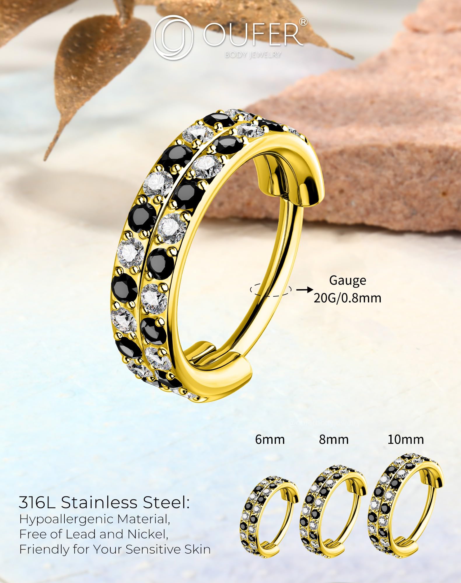 OUFER Body Piercing Nose Ring Hoops 20G Nostril Piercing Rings Jewellery 316L Stainless Steel Helix Lip Labret Septum Tragus Daith Rook Earrings Hinged Segment Clicker Cartilage Earring Hoop