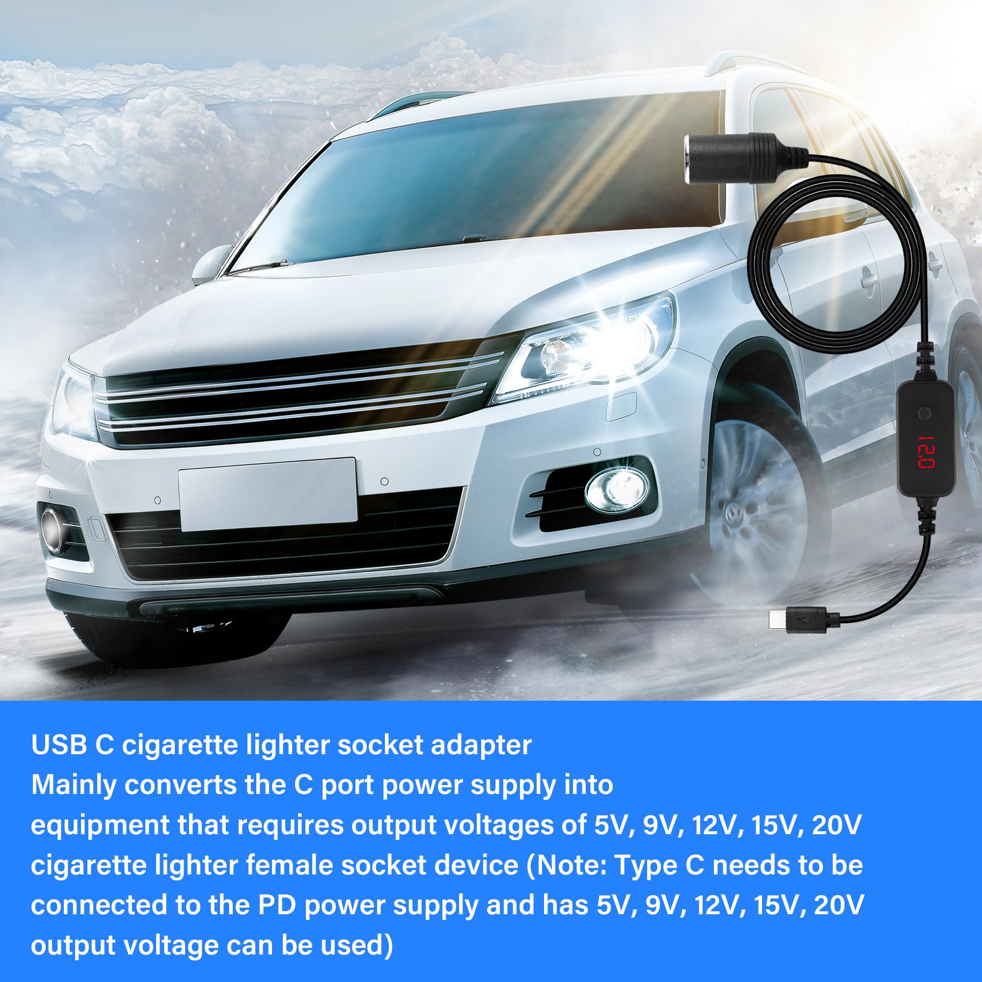 SinLoon Cavo USB C A Accendisigari Auto Con Chip PD - Tensione Regolabile 5V-20V, 1.8m, 3A, Per Dash Cam, GPS, Ventole