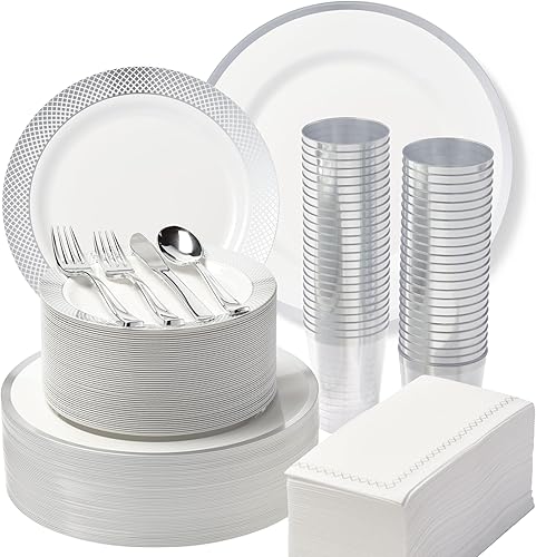 BY MADEE 400 platos de plástico plateado para fiestas, juego de vajilla desechable para 50 invitados, 50 platos llanos, 50 platos de postre, 100