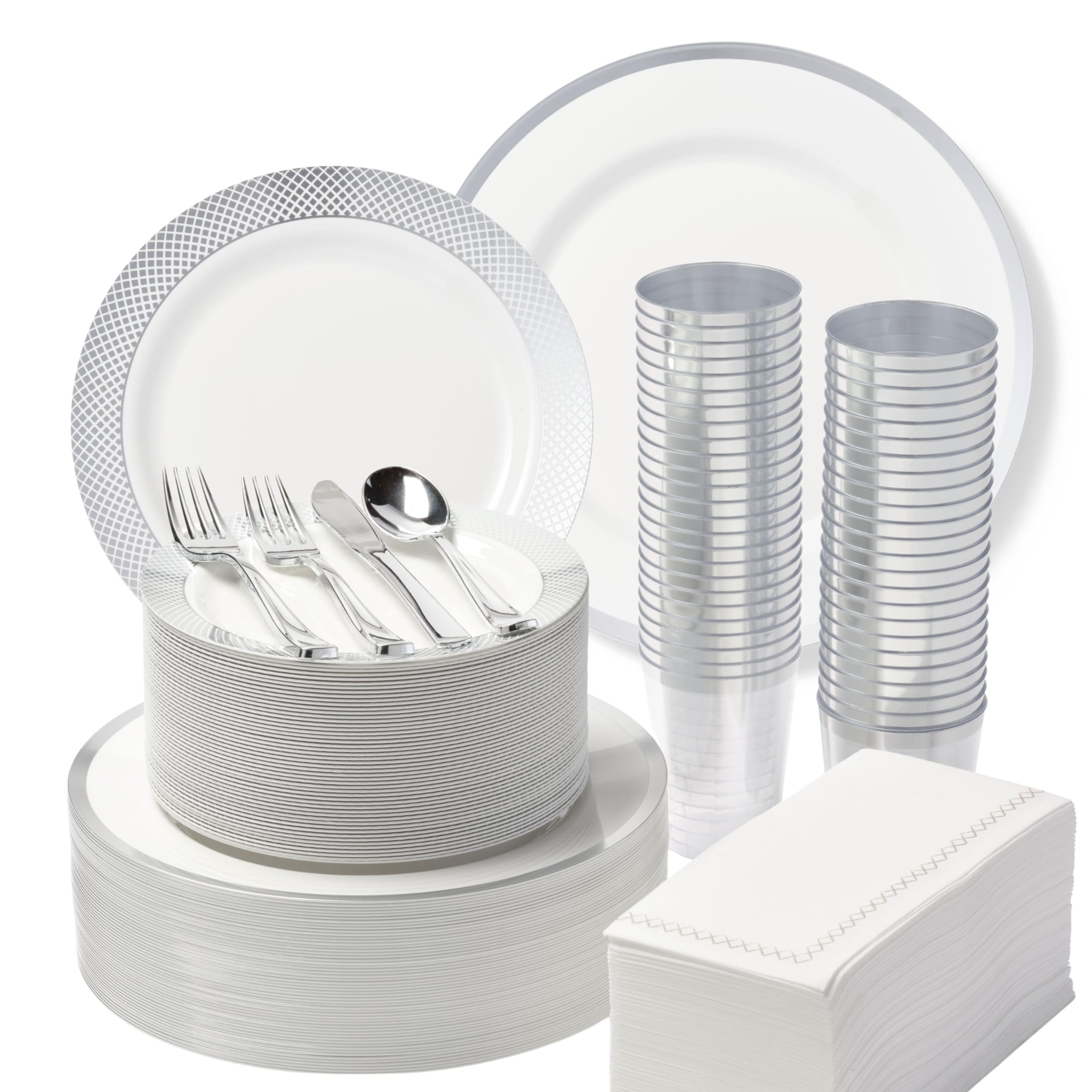 By Madee 400 PCS Silver Plastic Dinnerware Set for 50 Guests | 50 Dinner Plates 50 Dessert Plates 100 Forks 50 Knives 50 Spoons 50 cups and 50 Napkins | Premium Disposable Dinnerware Set