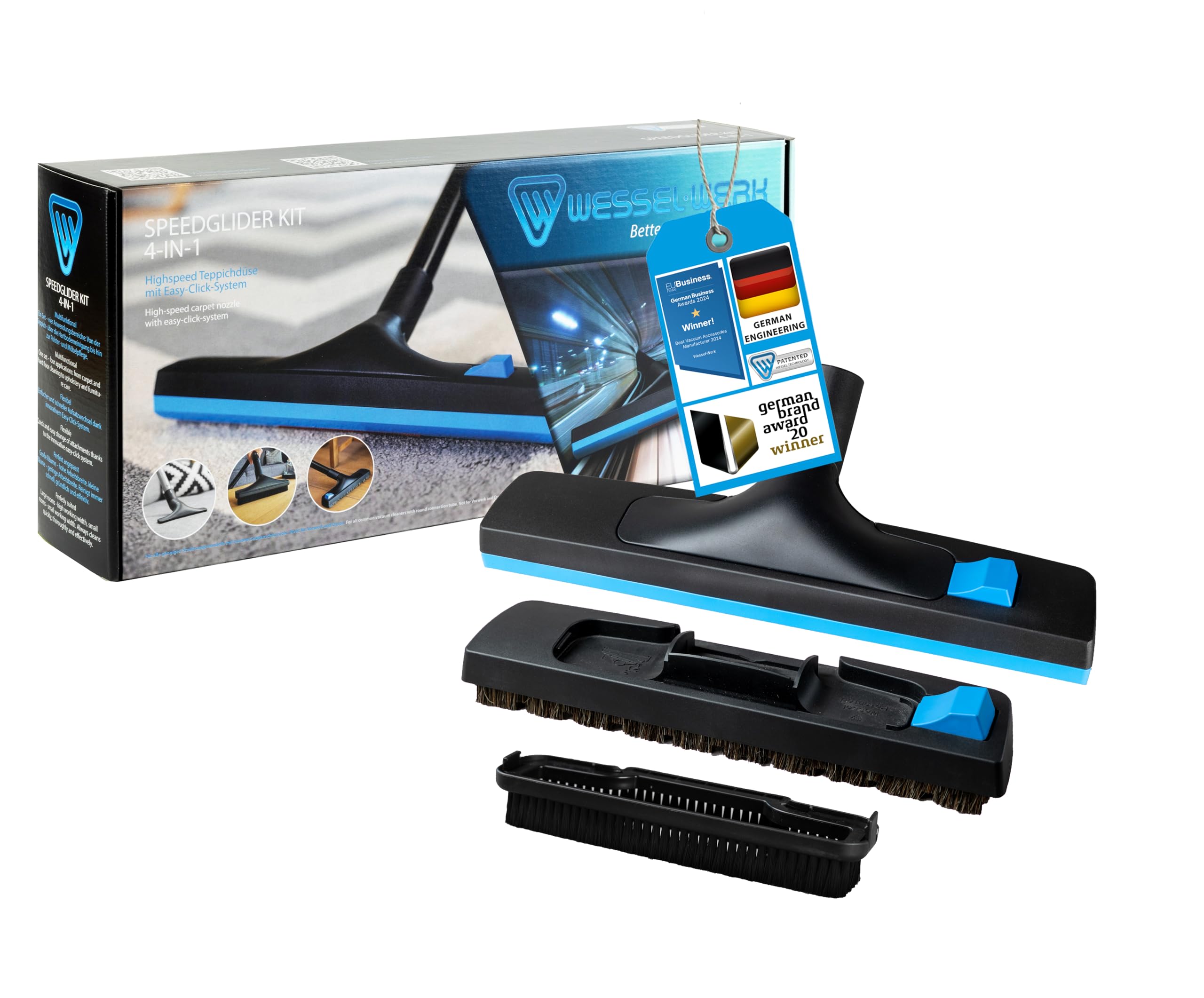 Wessel-Werk Speedglider Kit 4-in-1 35mm | Staubsaugerdüsen-Set für Teppich, Hartboden, Möbel und Sofa | Universaldüse| inklusive Universal-Adapter passend von 32-38mm