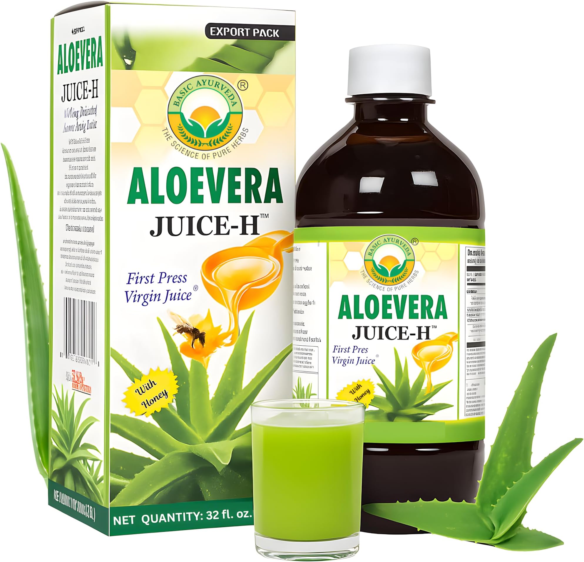 BASIC AYURVEDA Aloe Vera Juice with Honey, 32.46 Fl Oz (960ml) | Cold Pressed Juice | No Added Sugar