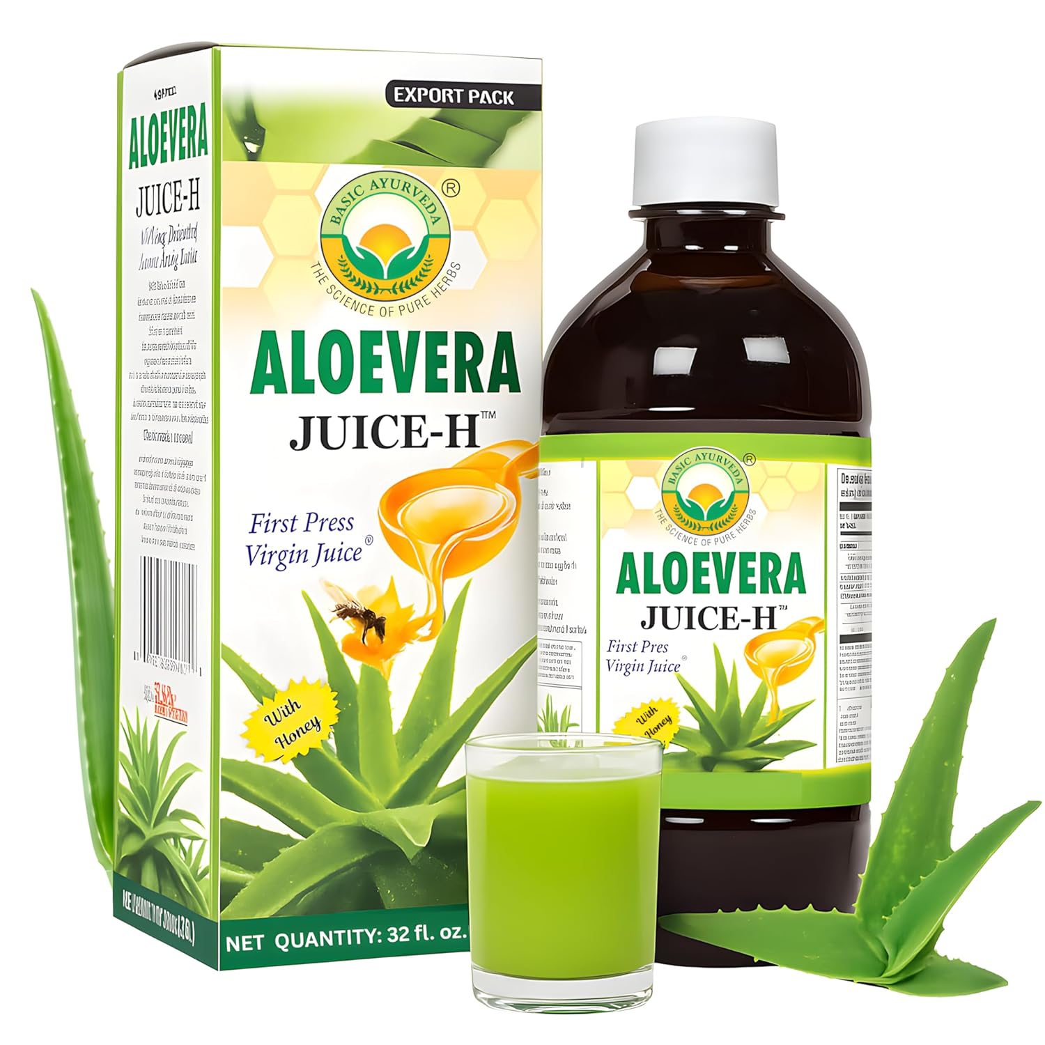 BASIC AYURVEDA Suco de Aloe Vera com Mel 960ml | Suporte Digestivo, Hidratação & Bem-Estar da Pele | Suco Herbal Prensado a Frio | Limpeza Natural sem Açúcar Adicionado