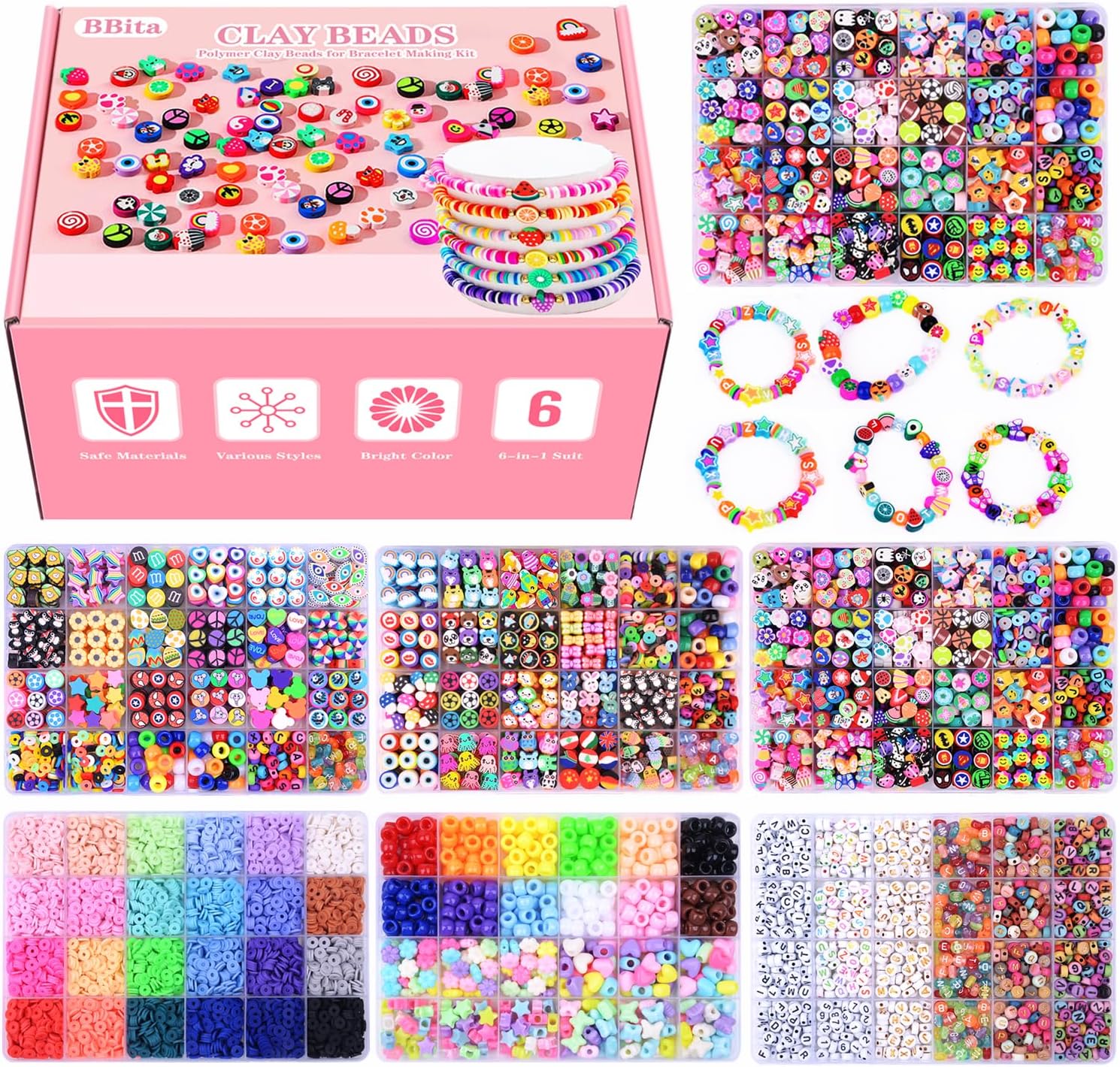 Christmas Gift Set Plus 1000PCS Beads Polymer Clay Beads Bracelet Making kit, Cute Fun Beads Fruit Flower Animal Cake Heart Beads Charms for Jewelry Necklace Earring Making DIY Accessories
