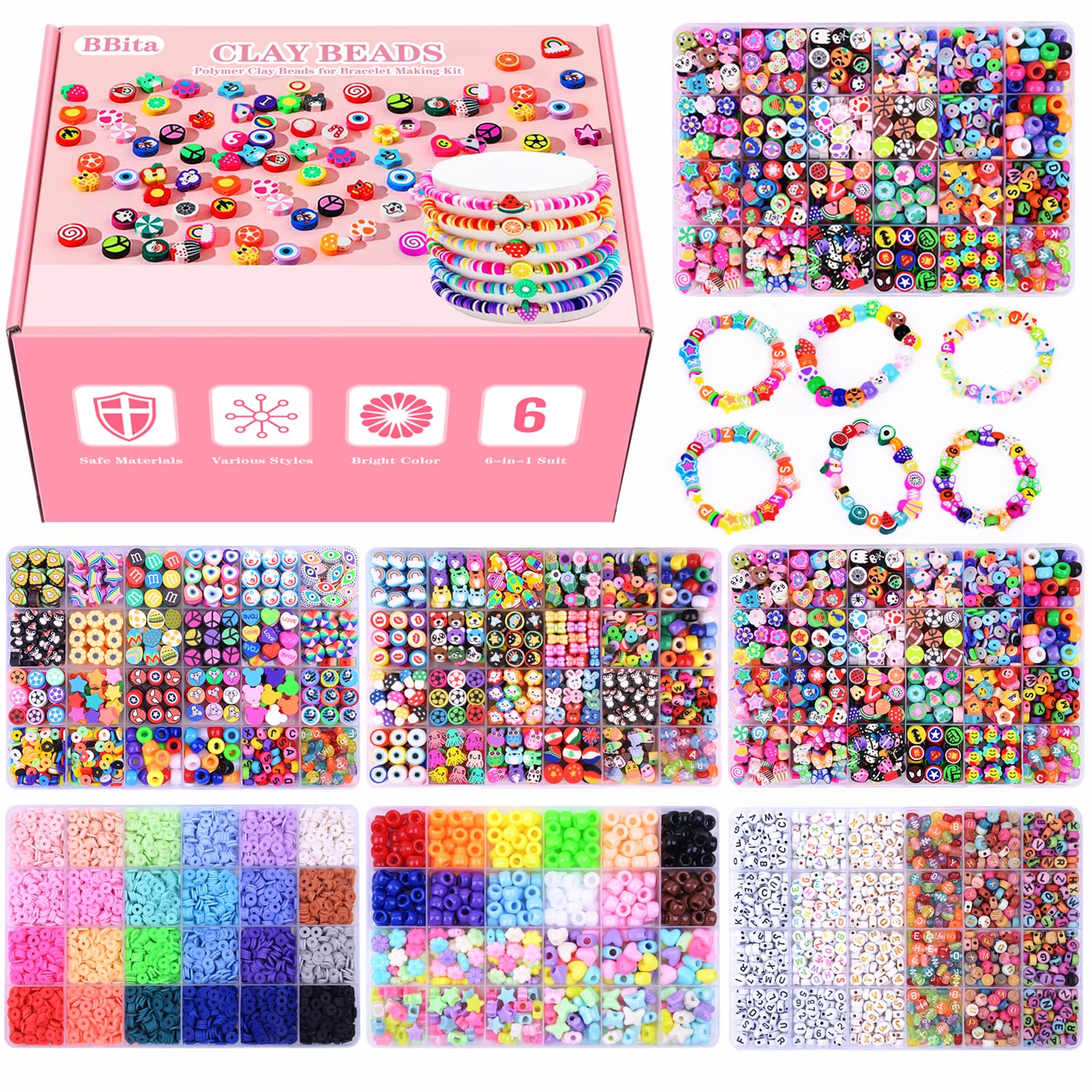 Christmas Gift Set Plus 1000PCS Beads Polymer Clay Beads Bracelet Making kit, Cute Fun Beads Fruit Flower Animal Cake Heart Beads Charms for Jewelry Necklace Earring Making DIY Accessories