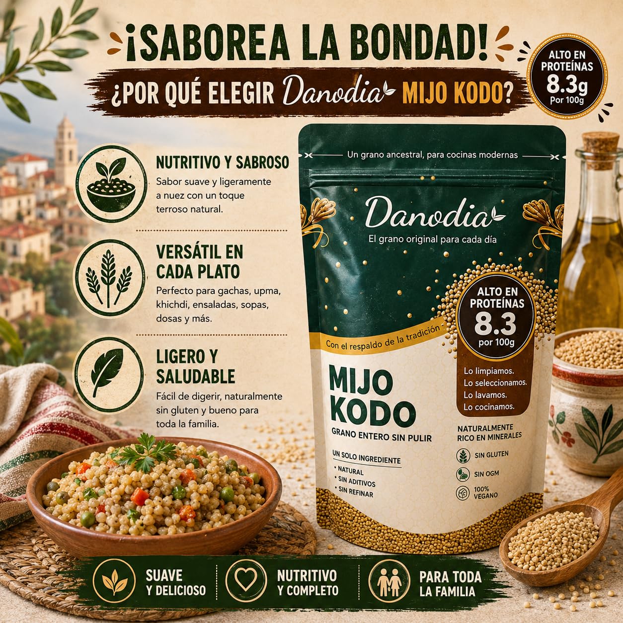 Danodia Foods Mijo Perla Pearl Millet Integral No Pulido 950 g / 2 lb, Cereal de Grano Entero Sin Gluten, Alto en Fibra 8,5 g por 100 g, No OGM, Vegano