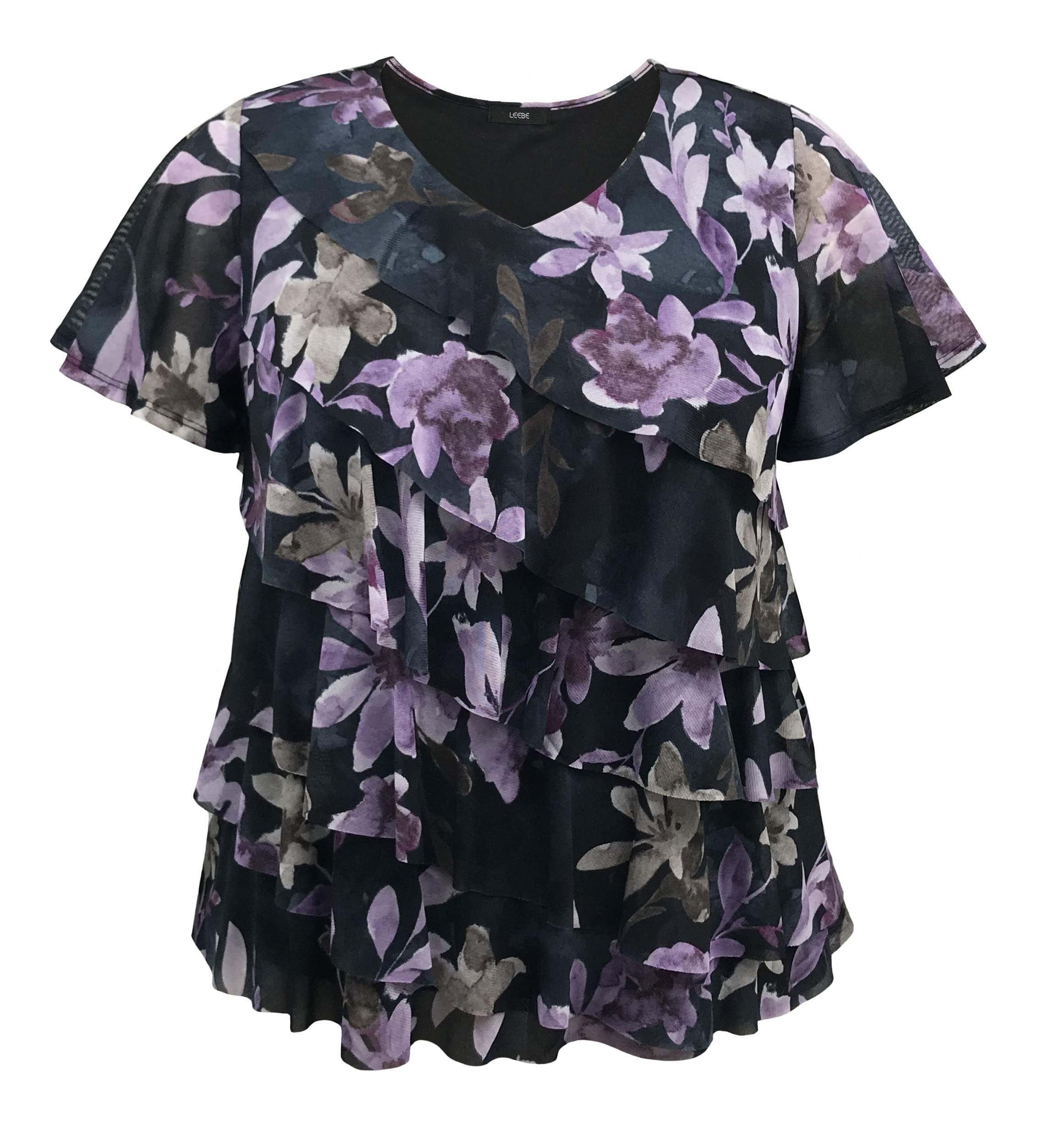 LEEBE Women and Plus Size Printed Mesh Ruffle Top (Small-5X)