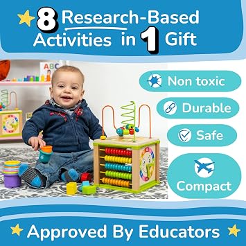 Wooden Kids Baby Activity Cube - Boys Gift Set | One 1, 2 Year Old Boy Gifts Toys | Developmental Toddler Educational Learning Boy Toys 12-18 Months | Bead Maze, First Birthday Gift