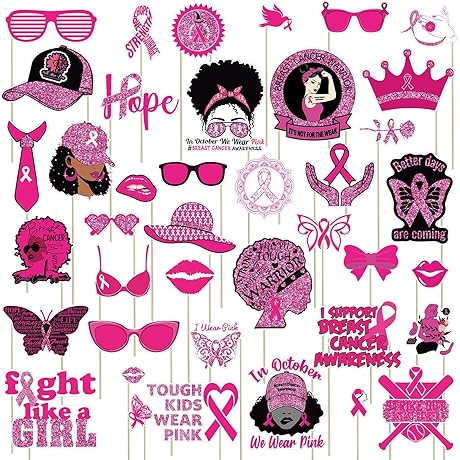 40 Pcs Breast Cancer Awareness Party Photo Booth Props with Stick