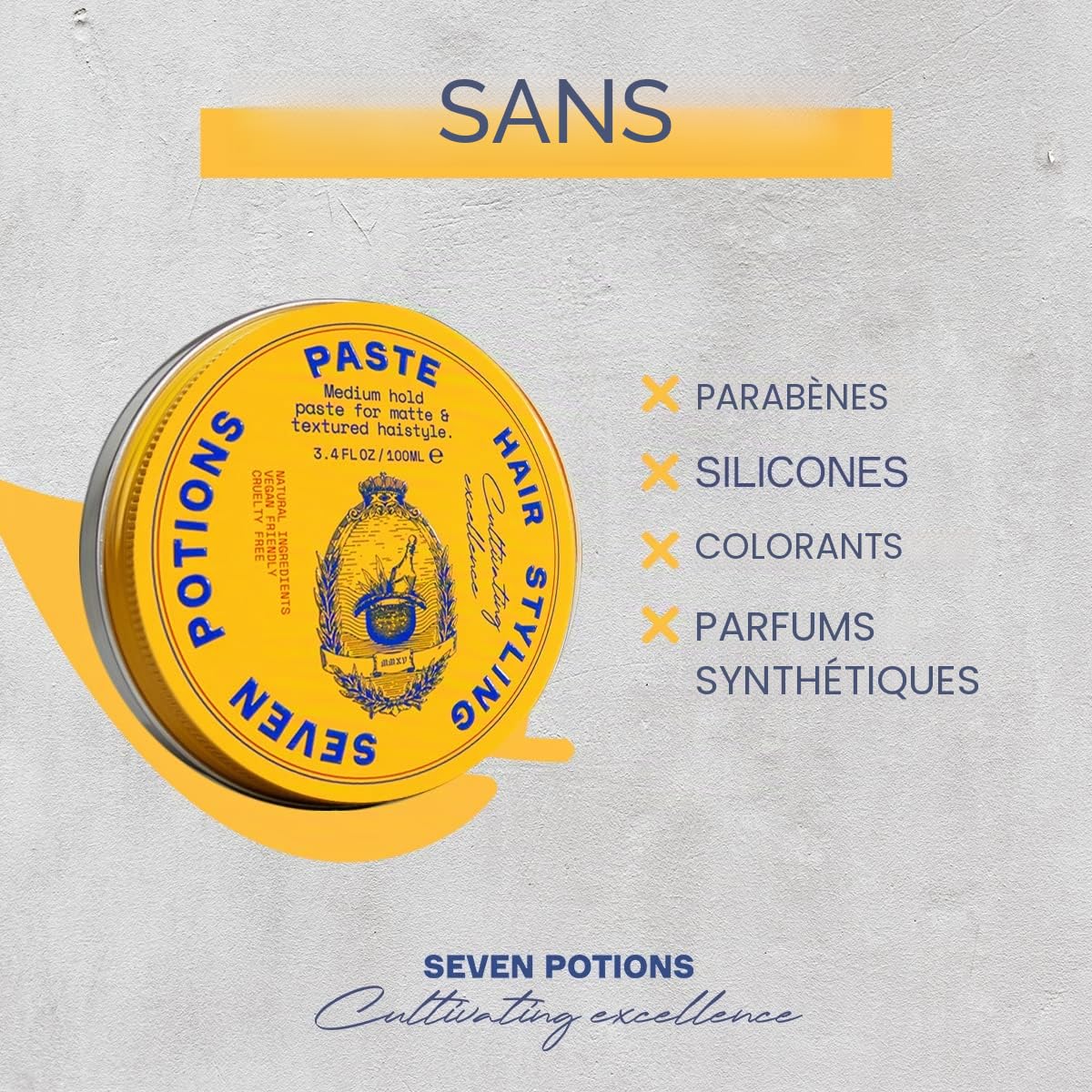 Seven Potions Pâte coiffante pour homme 100 ml – Adhésion moyenne et flexible – Fini mat et texturé – Application facile – Naturel, végétalien, sans cruauté
