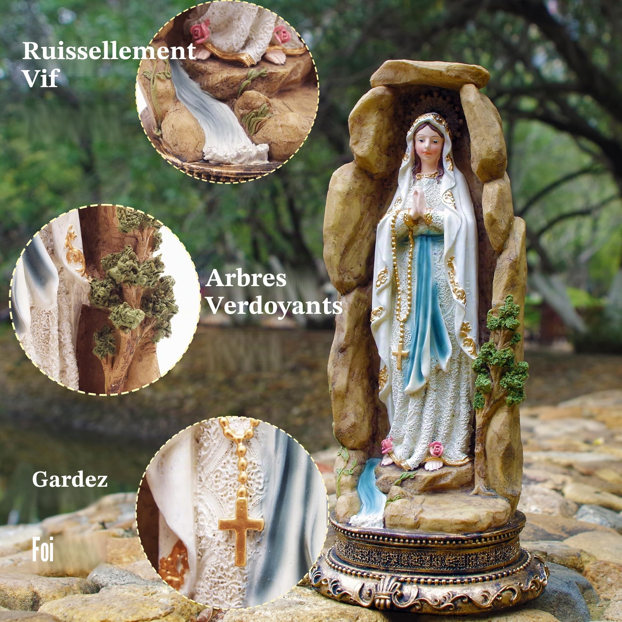 MeritMode Figurines de collection de la Vierge Marie – Notre Dame de Lourdes en forme de grotte, fabriquées à la main en résine, cadeaux religieux pour toutes les religions, 31,8 cm de hauteur