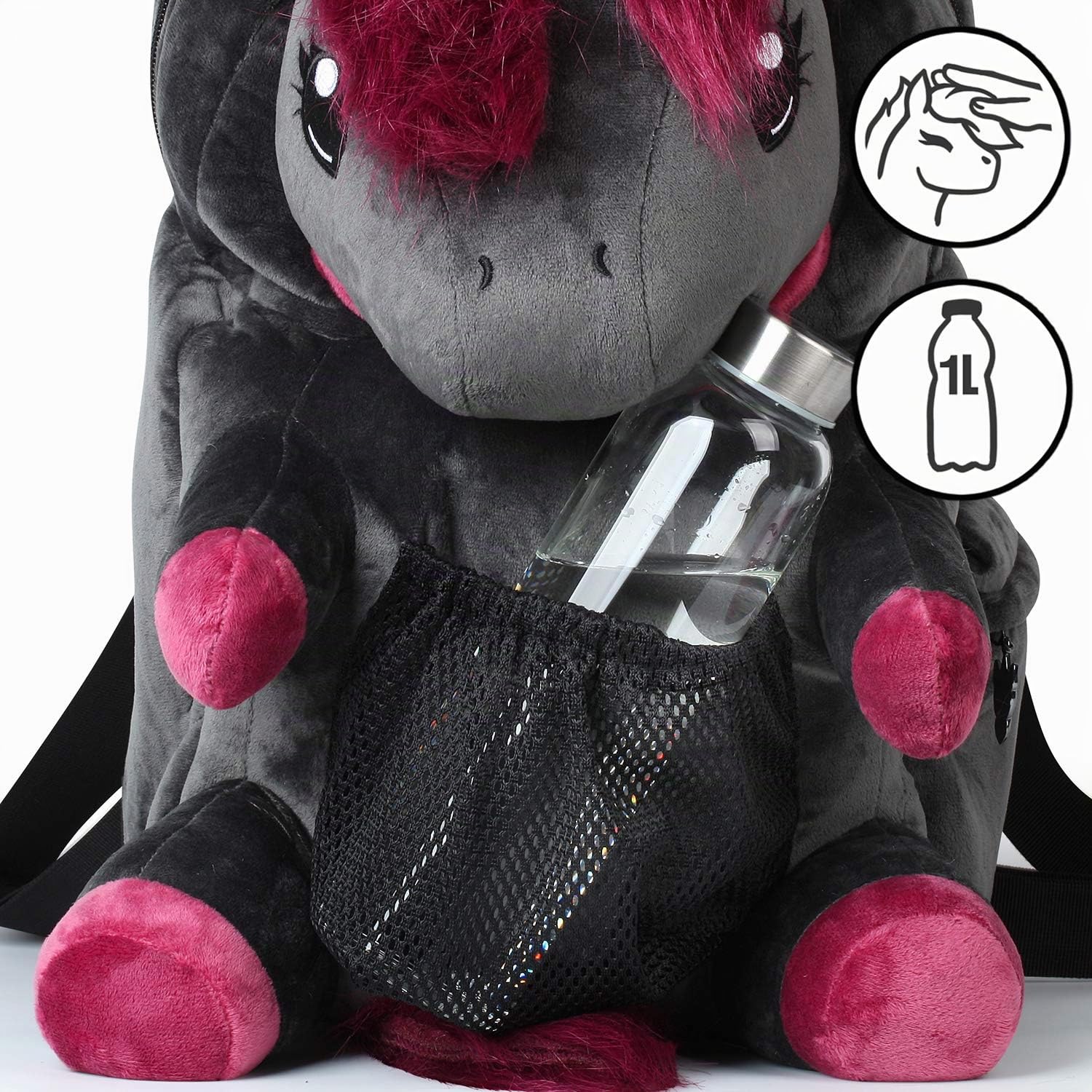 corimori Punk-Einhorn „Ruby“ - großer, flauschiger Plüsch-Rucksack für Teenager und Erwachsene - dunkelgrau/pink