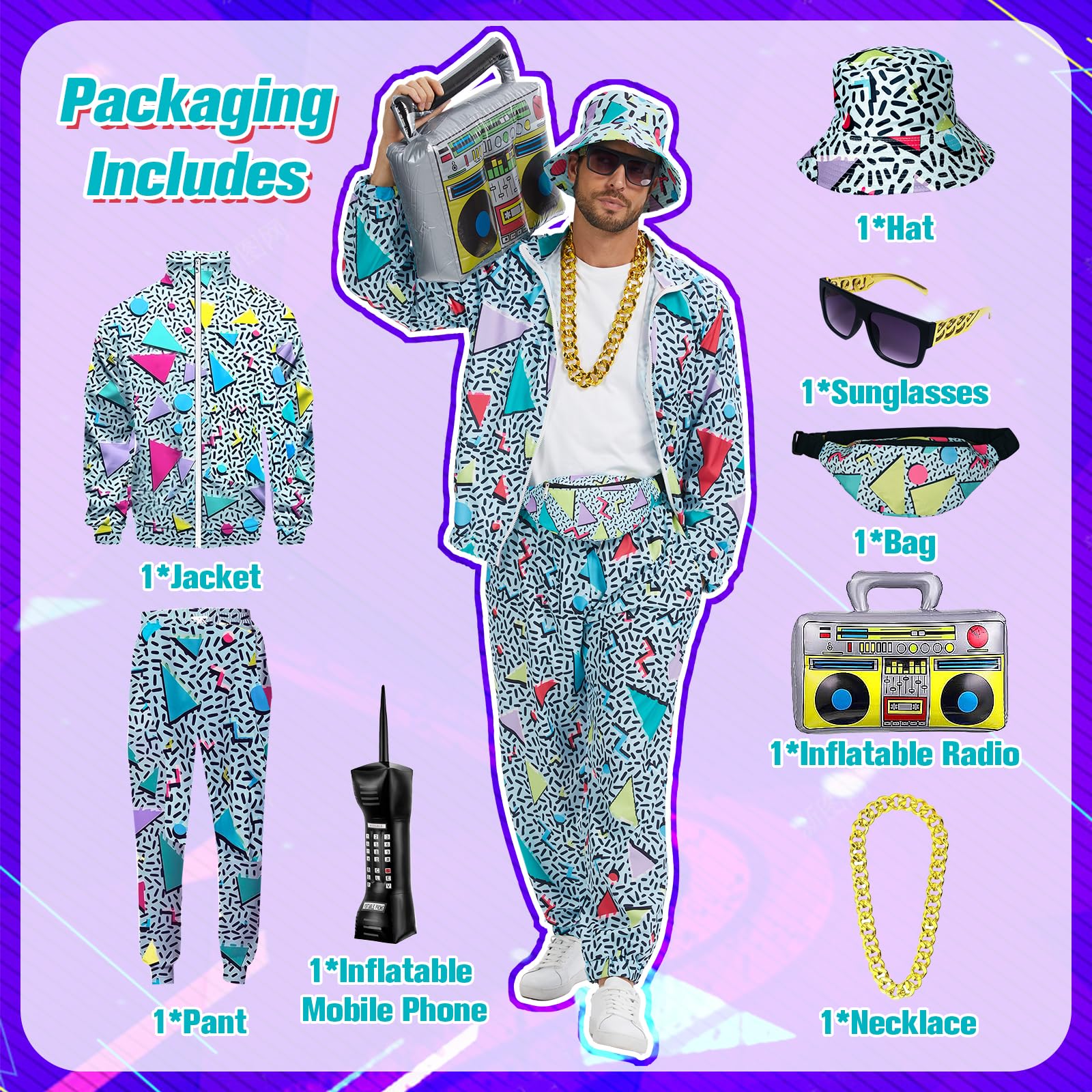 Disfraz vintage de los años 80 y 90 para hombre, 8 piezas, disfraz de hip hop con gafas y sombrero para discoteca, fiesta, festivales de música, bailes de máscaras, carnaval