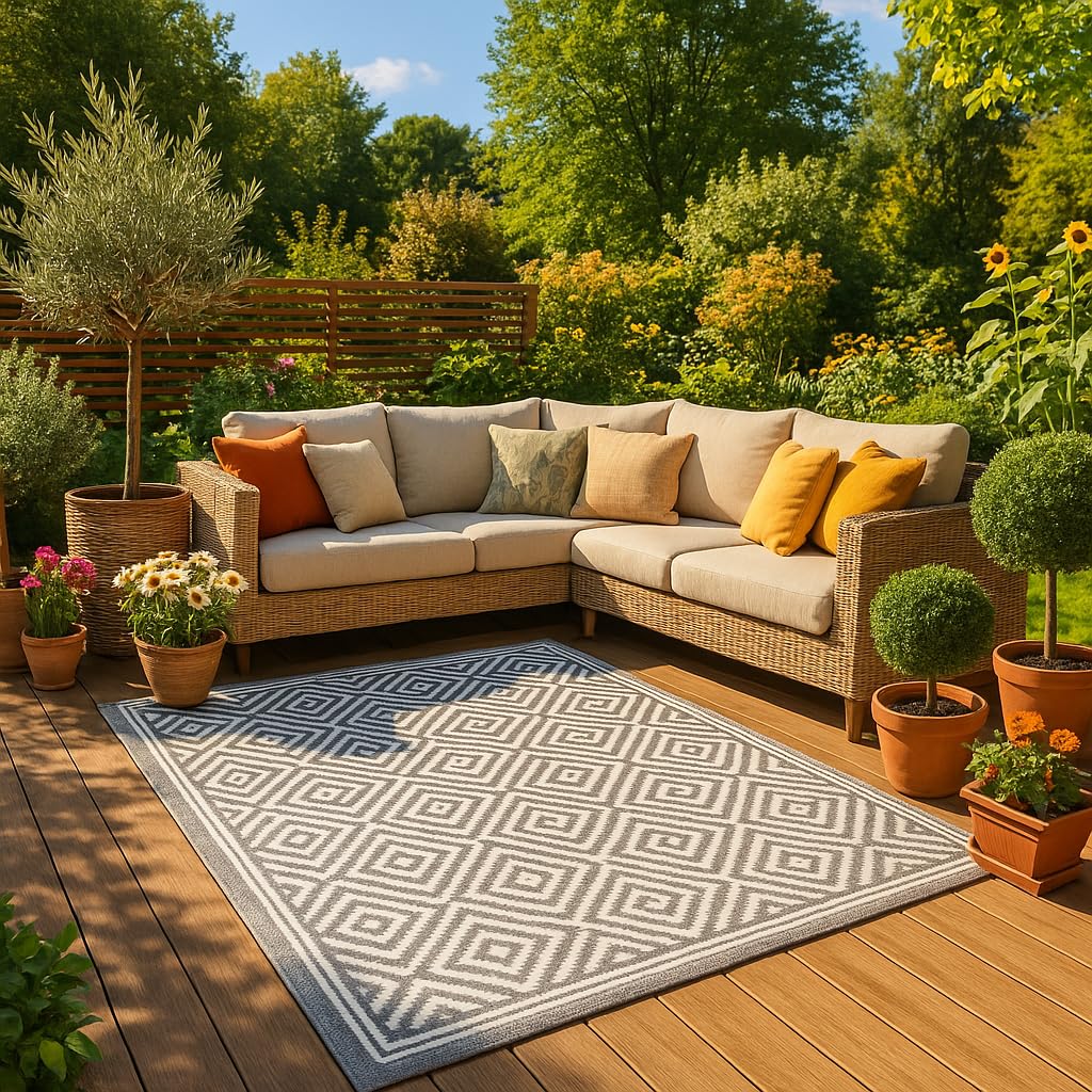 KAMACA Outdoor Teppich Raute wetterfest UV beständig wendbar für Balkon Terrasse Garten Wohnmobil Camping Robuste und Pflegeleichte Campingmatte für alle Außenbereiche (Teppich 120 x 180 cm grau)